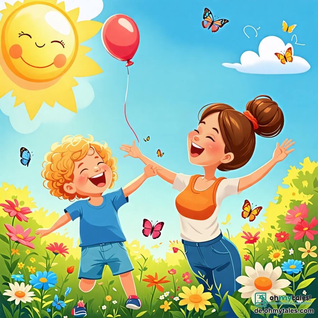 Une illustration sous forme de dessin destinée aux enfants représentant un jardin ensoleillé avec des fleurs colorées et des papillons, où un petit garçon de 2 ans aux cheveux blonds et bouclés, vêtu d'un t-shirt bleu et de shorts, rit joyeusement en lançant un petit ballon, tandis que sa maman, une femme souriante aux cheveux bruns attachés en chignon, l'encourage en levant les bras, créant une atmosphère de bonheur et de complicité estivale.