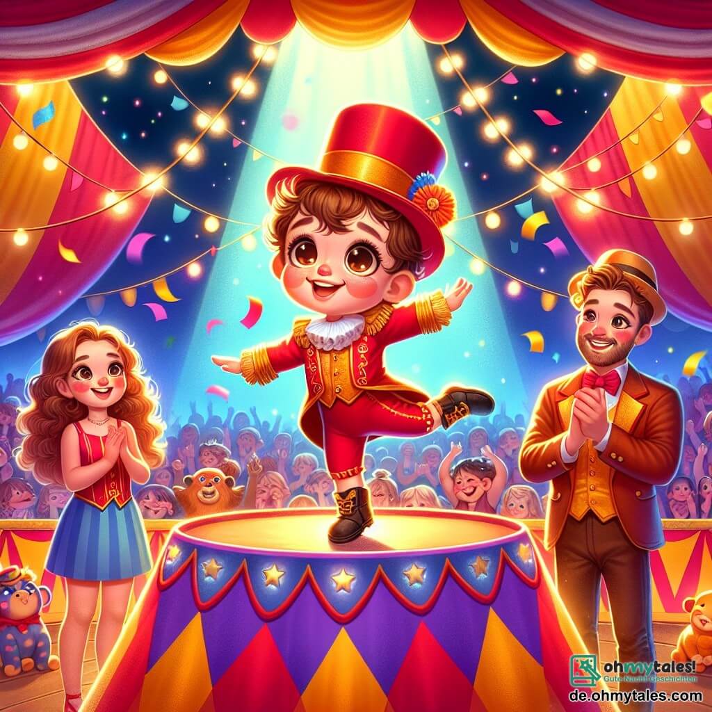 Illustration einer lebhaften Zirkusszene während einer Vorstellung. Das bunte Zelt ist mit roten und gelben Streifen geschmückt, und funkelnde Lichter erhellen die festliche Atmosphäre. In der Mitte der Bühne steht ein 3-jähriger Junge mit großen, leuchtenden Augen und lockigem braunem Haar, der ein rotes und goldenes Akrobatik-Kostüm trägt. Er balanciert auf einer kleinen Plattform, mit einem Lächeln im Gesicht, bereit, einen Pirouetten zu vollführen. Im Hintergrund beobachten zwei Erwachsene, ein Mann und eine Frau um die 30, stolz. Der Mann hat einen braunen Bart und trägt einen Strohhut, während die Frau lange blonde Haare und ein warmes Lächeln hat. Sie applaudieren und feuern den kleinen Jungen an, was eine Atmosphäre von Unterstützung und Liebe schafft. Die Szene strahlt fröhliche Energie aus, mit buntem Konfetti, das vom Himmel fällt, und begeisterten Zuschauern, die applaudieren. Zirkustiere wie ein Elefant und ein Löwe sind im Hintergrund sichtbar und verleihen der Illustration einen Hauch von Magie. Dieses Bild fängt den Moment ein, in dem der Junge seine Angst überwindet und auf der Bühne strahlt, was das Thema Selbstvertrauen veranschaulicht.