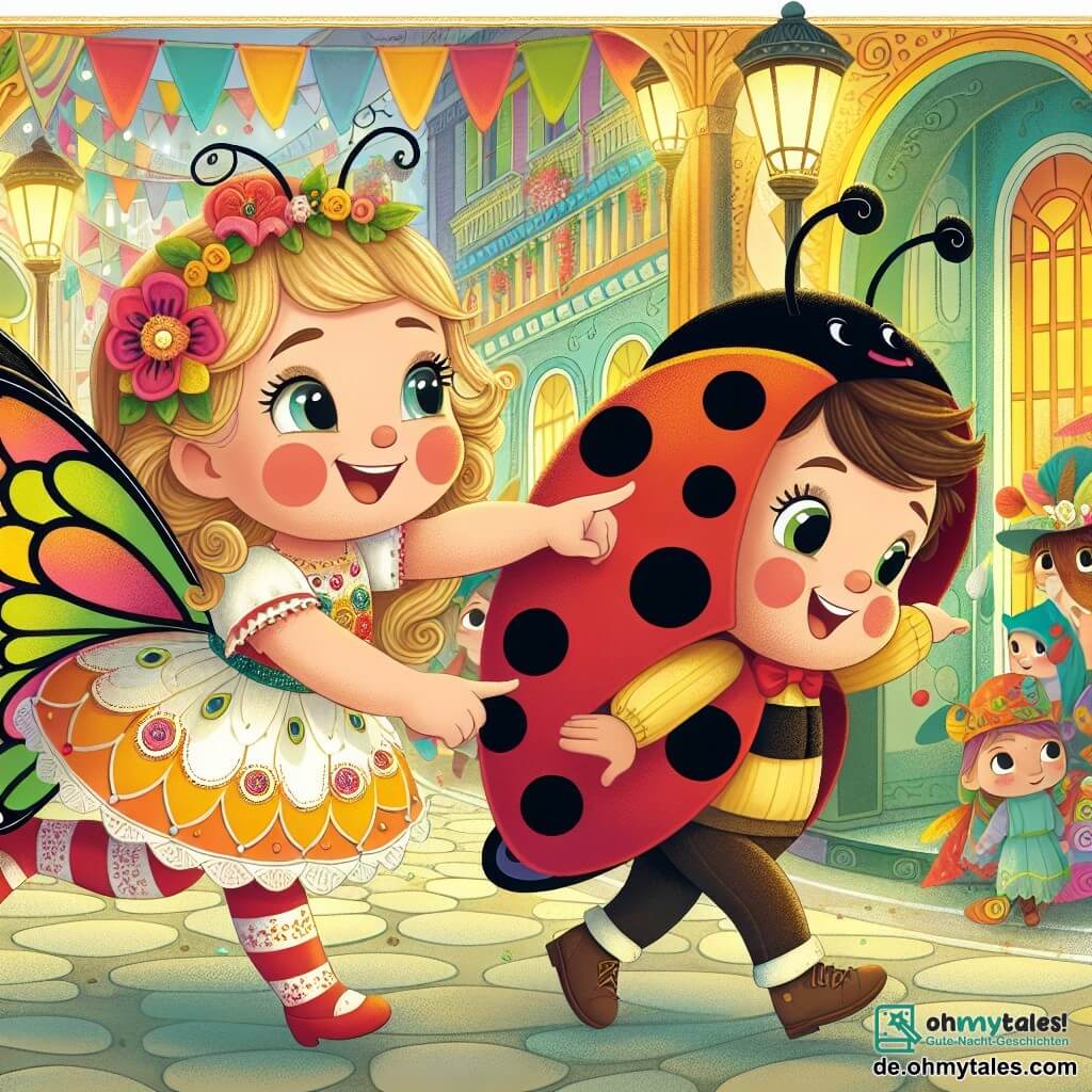 Une illustration destinée aux enfants représentant une fillette en costume de papillon, aidant un petit garçon déguisé en coccinelle à retrouver ses points perdus, lors d'un joyeux défilé de carnaval dans les rues colorées et animées d'une ville enchantée.