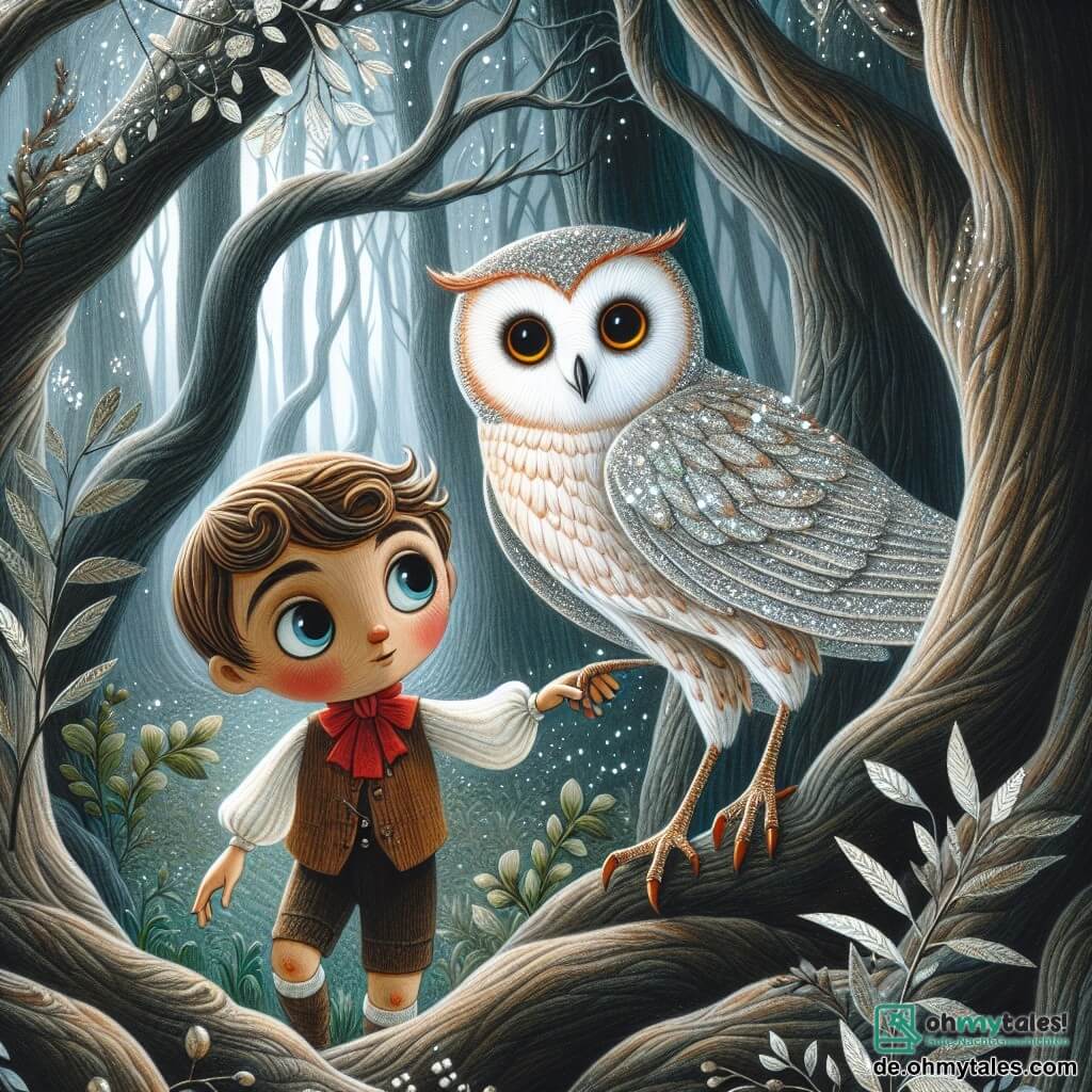 Une illustration destinée aux enfants représentant un petit garçon en bois vivant aux grands yeux curieux, aidant une élégante chouette aux plumes argentées, dans un vaste et mystérieux bois aux arbres noueux et aux feuilles scintillantes.