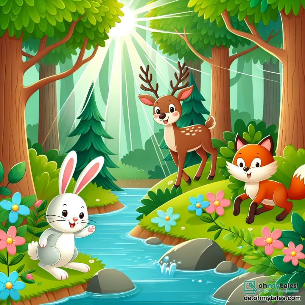 Une illustration destinée aux enfants représentant un renne espiègle, un lapin malicieux et une renarde astucieuse se déroulant dans une clairière enchantée, où des rayons de soleil filtrent à travers les feuilles des grands arbres verdoyants et des fleurs colorées bordent un ruisseau étincelant.