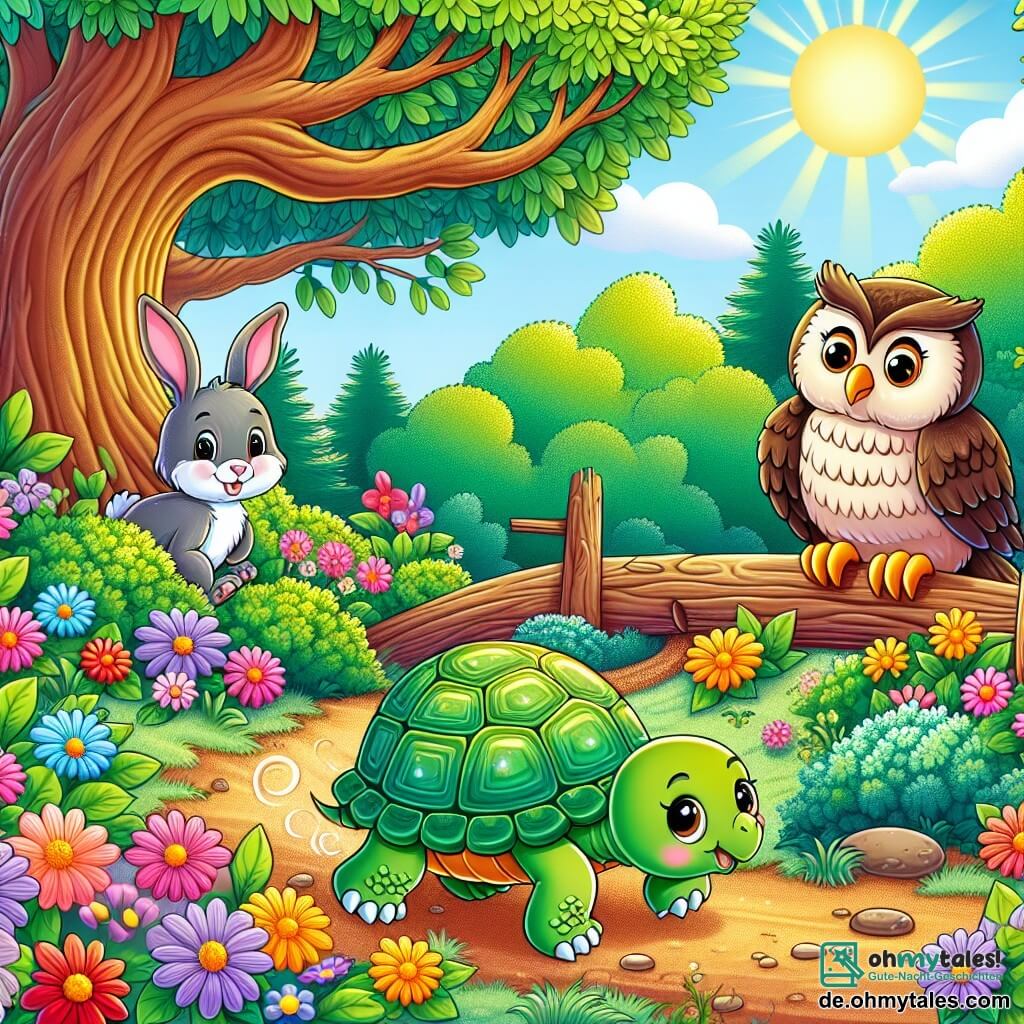 Une illustration sous forme de dessin destinée aux enfants représentant un jardin coloré et ensoleillé, avec des fleurs éclatantes et un grand arbre au centre, où une petite tortue à la carapace verte brillante, curieuse et déterminée, avance lentement sur un chemin de terre, tandis qu'un joyeux lapin aux grandes oreilles et une sage chouette perchée sur une branche l'observent avec encouragement, alors qu'ils se préparent ensemble à traverser une vieille et wobbly pont pour atteindre un mystérieux trésor caché dans la forêt.