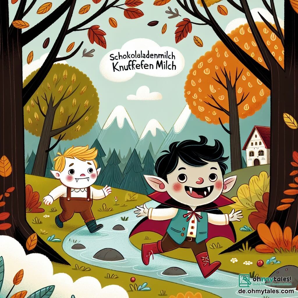 Une illustration destinée aux enfants représentant un petit vampire garçon curieux et joyeux, accompagné d'un petit Knuffie garçon inquiet, explorant les rives d'un ruisseau de Schokoladenmilch dans le village magique de Knufflingen, où les arbres aux feuilles changeantes et les nuages de Zuckerwatte créent un décor enchanté.