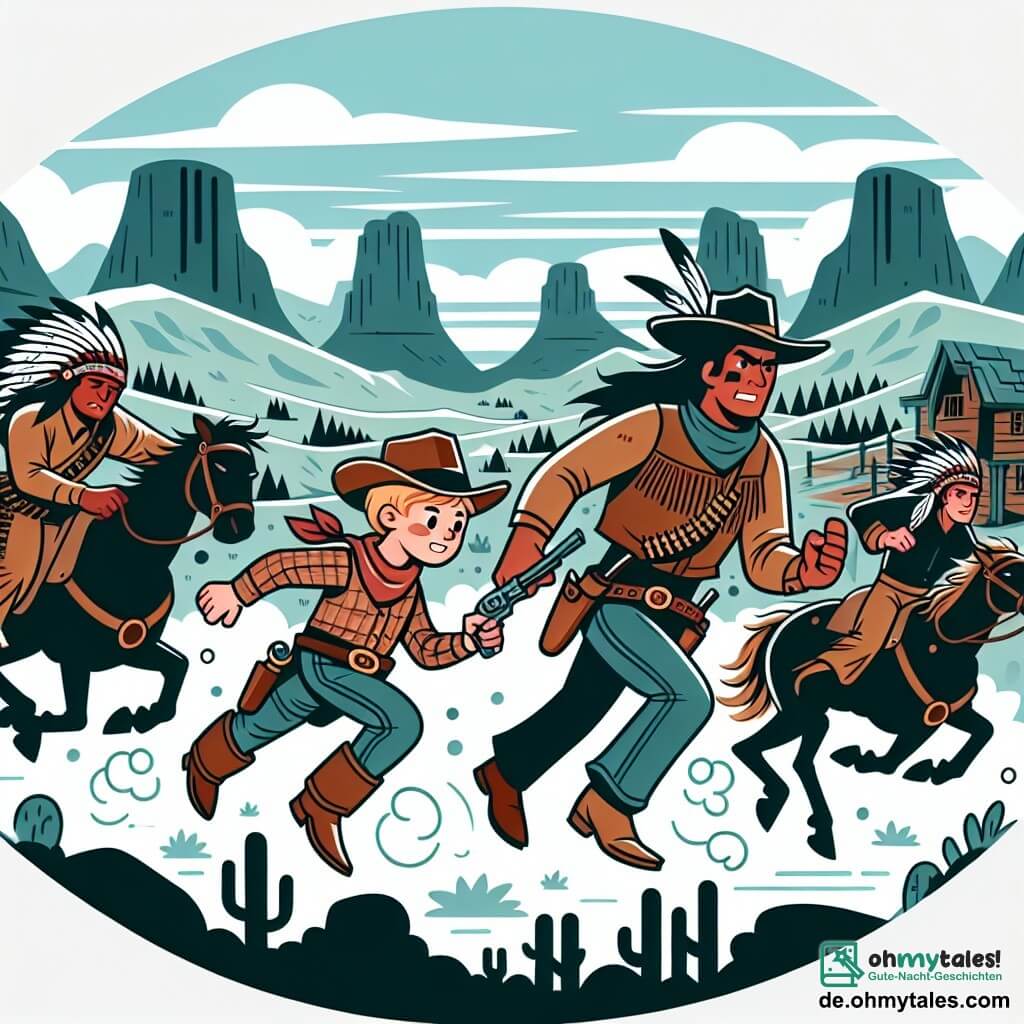 Une illustration destinée aux enfants représentant un jeune cow-boy courageux, accompagné d'un amical Indien, affrontant une bande de hors-la-loi dans les majestueuses Black Hills du Wilden Westen.