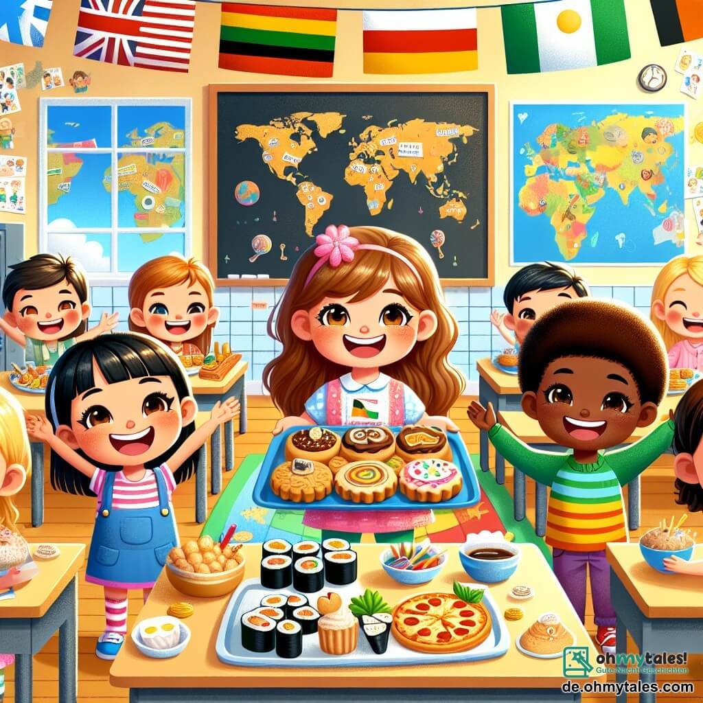 Eine Illustration zeigt ein helles und buntes Klassenzimmer mit Wänden, die mit Weltkarten und Kinderzeichnungen dekoriert sind. In der Mitte steht eine große Tafel, an der Flaggen verschiedener Länder hängen. Es gibt ein etwa 8-jähriges Mädchen mit langen braunen Haaren und einem strahlenden Lächeln, das aufrecht steht und einen Teller mit köstlichen Keksen hält. Neben ihr ein 9-jähriger Junge mit kurzen blonden Haaren und funkelnden Augen, der begeistert ein Stück Pizza zeigt. Schließlich ein etwa 8-jähriges Mädchen mit dunkler Haut und lockigem Haar, das stolz Sushi-Rollen präsentiert und fröhlich lächelt. Die Szene zeigt die Kinder, die ihre typischen Gerichte teilen, umgeben von Lachen und Freude, und verdeutlicht die Schönheit der kulinarischen Vielfalt. Im Hintergrund nehmen andere Kinder unterschiedlicher Herkunft, wie ein asiatischer Junge und ein Mädchen lateinamerikanischer Abstammung, an der Feier teil und schaffen eine warme und einladende Atmosphäre. Bunte Ballons schweben von der Decke und tragen zur Fröhlichkeit des Ereignisses bei.
