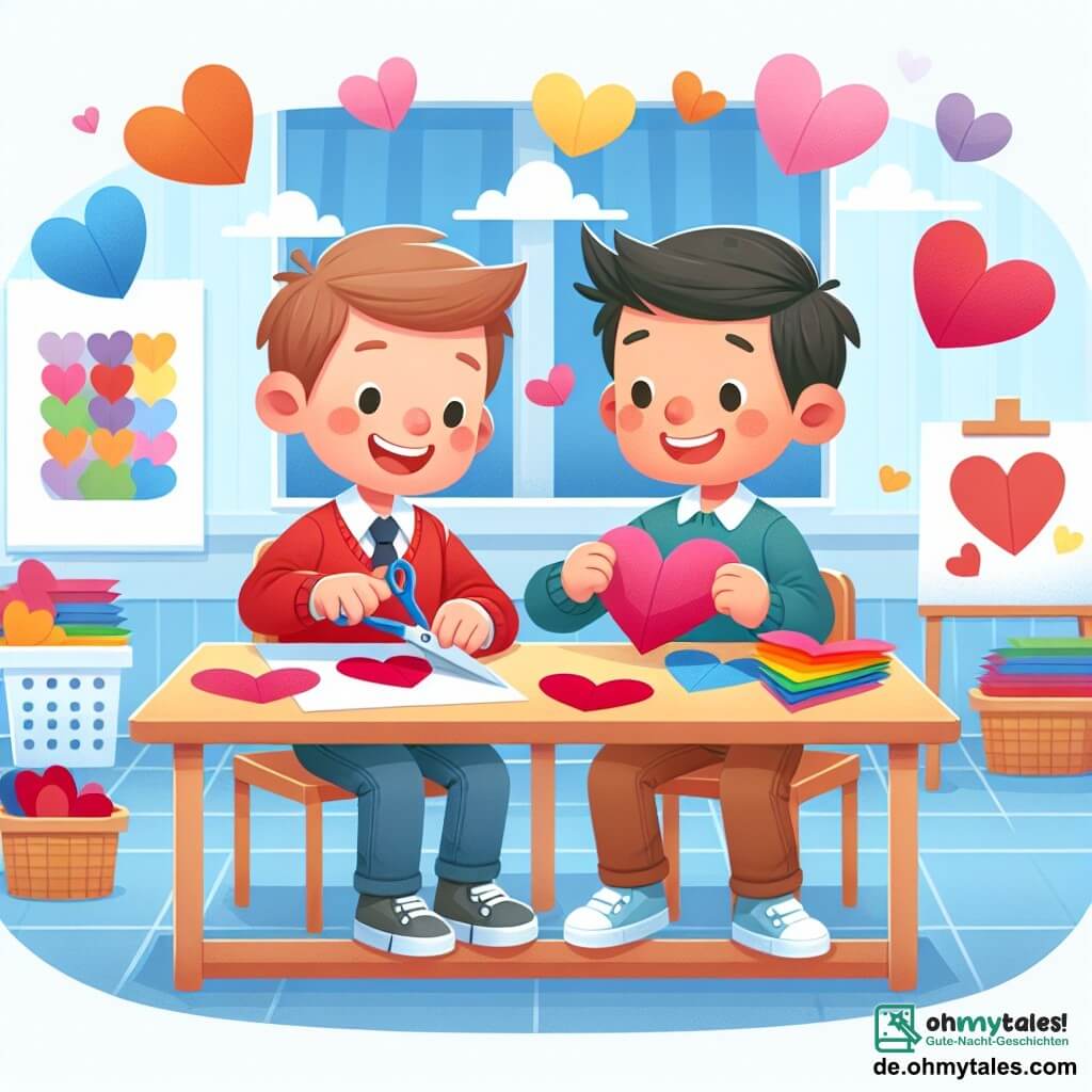 Une illustration destinée aux enfants représentant un jeune garçon joyeux préparant des cœurs en papier avec son ami garçon dans une salle de classe lumineuse et colorée pour la Saint-Valentin.