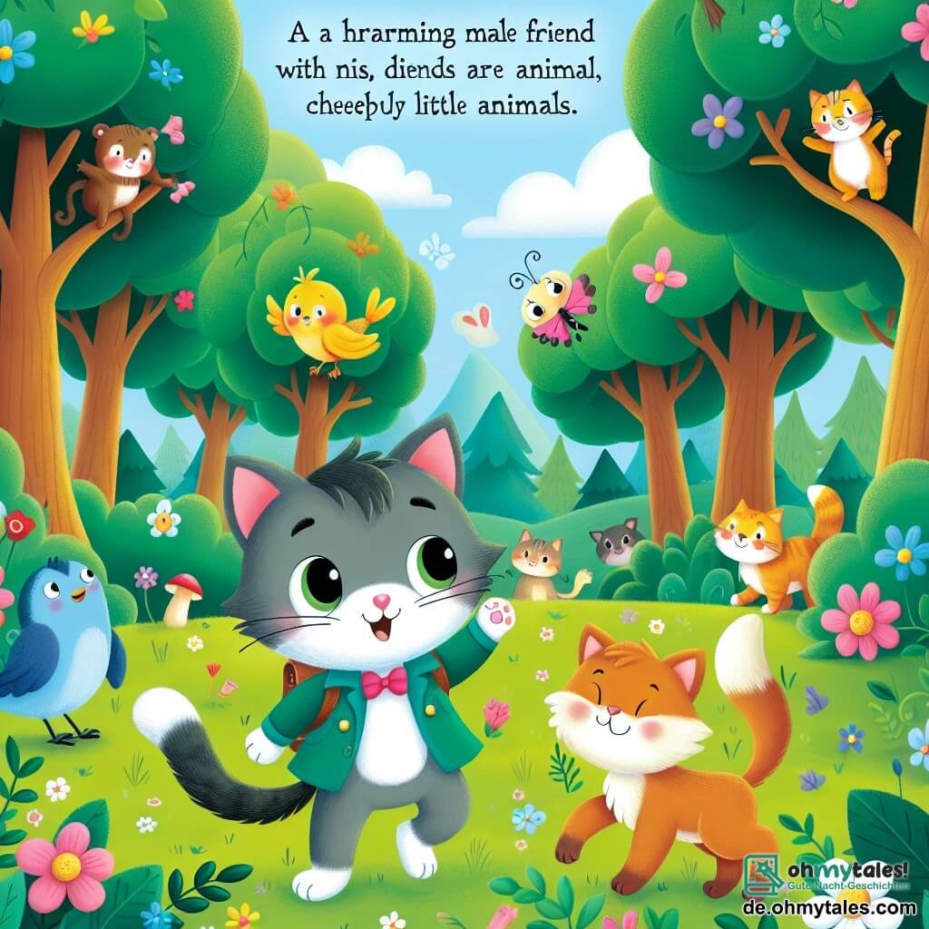 Une illustration destinée aux enfants représentant un charmant chat mâle, vivant des aventures amusantes avec ses amis animaux, tels qu'un joyeux petit oiseau, dans une forêt enchantée remplie de grands arbres verdoyants, de fleurs colorées et d'animaux malicieux.