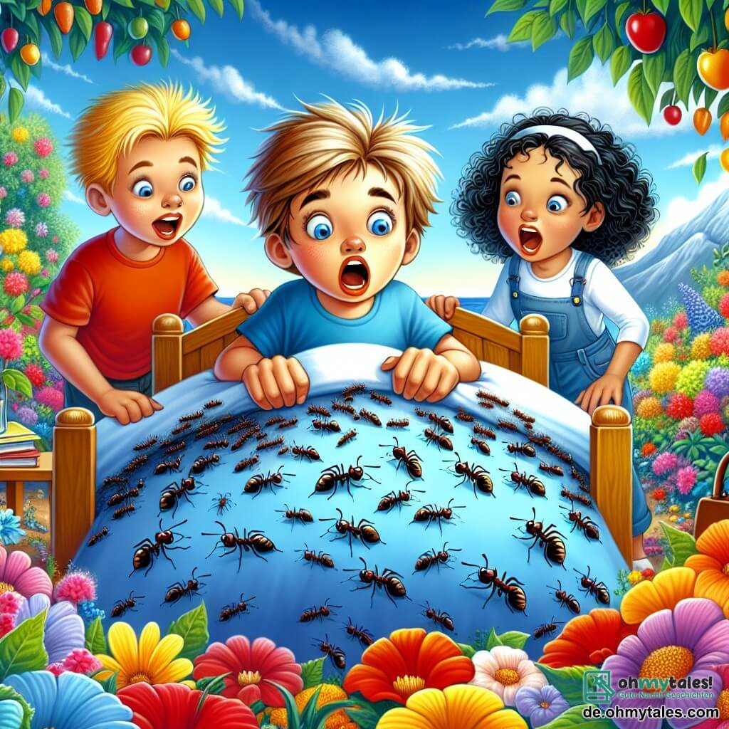Une illustration destinée aux enfants représentant un garçon aux cheveux blonds ébouriffés découvrant son lit envahi par des fourmis, avec son ami, un garçon aux cheveux bruns et une fille aux boucles brunes, dans un jardin coloré rempli de fleurs et d'arbres fruitiers.