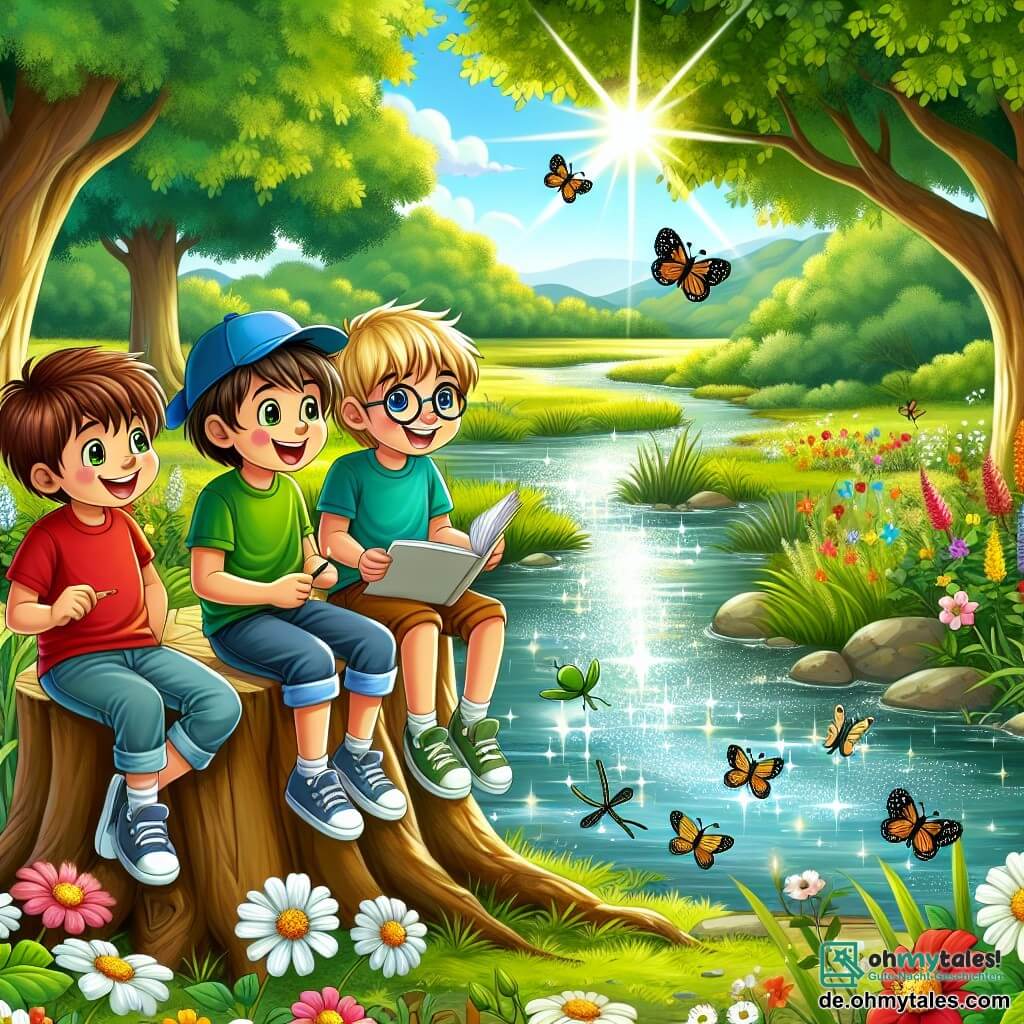 Illustration eines sonnigen Nachmittags am Ufer eines glitzernden Baches, umgeben von blühenden grünen Wiesen und großen, leuchtenden Bäumen. Im Vordergrund sitzen drei Jungen von etwa 10 Jahren auf einem Baumstumpf, ihre Gesichter strahlen vor Aufregung. Einer von ihnen, mit zerzausten braunen Haaren und einem roten T-Shirt, hält ein Notizbuch und schaut aufmerksam auf den Bach. Ein anderer Junge, mit blonden Haaren und einer blauen Kappe, zeigt auf eine Gruppe von Libellen, die über das Wasser fliegen. Der dritte, mit Brille und braunen Haaren, lächelt, während er eine kleine Pflanze hält, die sie gerade entdeckt haben. Die Szene fängt den Moment ein, in dem sie die Bedeutung des Umweltschutzes erkennen. Im Hintergrund verleihen bunte Blumen, schmetterlinge und singende Vögel der Illustration Leben, während eine sanfte Brise die Blätter der Bäume zum Tanzen bringt und eine fröhliche, einladende Atmosphäre schafft.