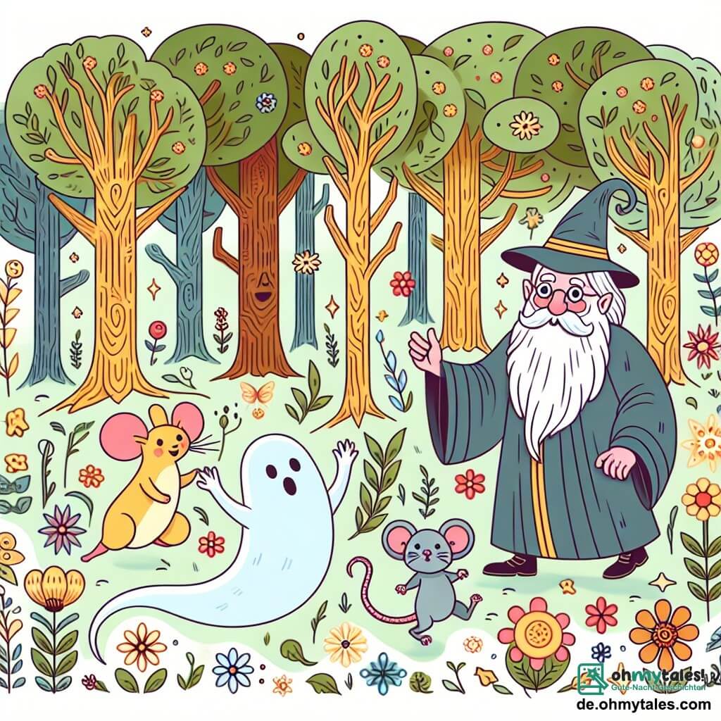 Une illustration destinée aux enfants représentant un fantôme joyeux, une souris courageuse, et un vieux sorcier dans une forêt enchantée remplie de fleurs lumineuses et d'arbres dansants.