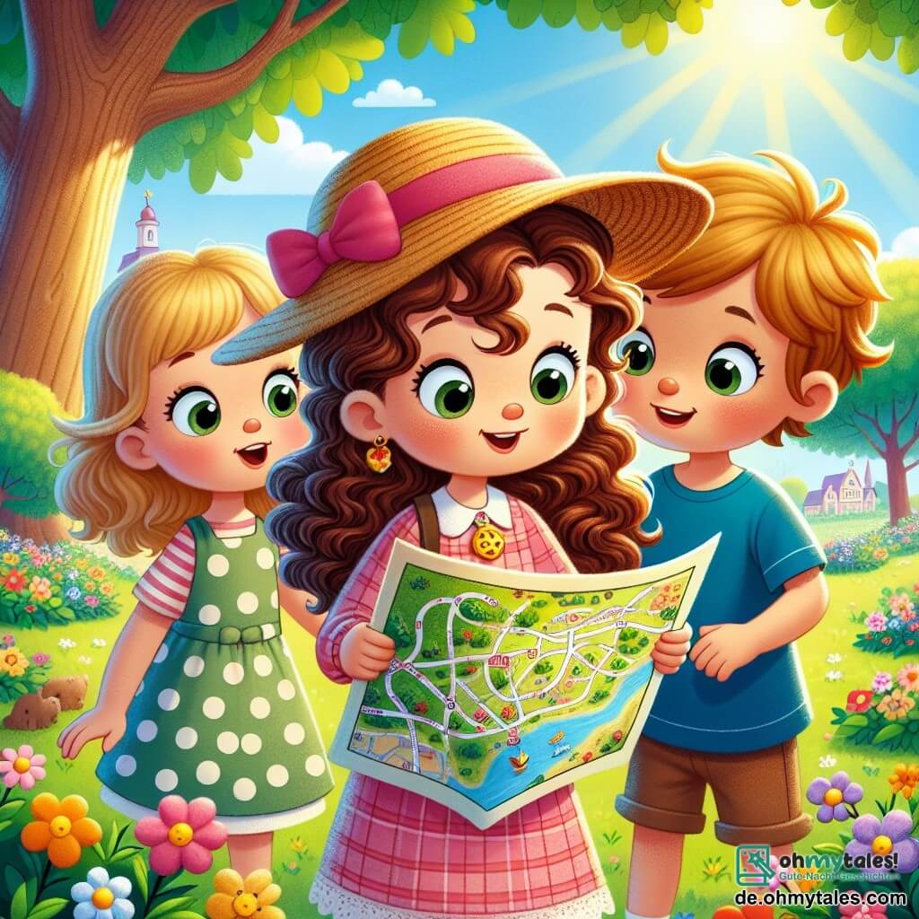 Une illustration sous forme de dessin destinée aux enfants représentant un parc ensoleillé avec des fleurs colorées et un grand arbre au centre, où une petite fille de 5 ans aux cheveux bouclés et bruns, portant une robe rose et un chapeau de paille, examine avec curiosité une carte mystérieuse, tandis que deux de ses amis, un garçon aux cheveux blonds en t-shirt bleu et une fille aux cheveux châtains en robe à pois, l'observent avec des yeux pétillants d'excitation, tous trois prêts à partir à l'aventure pour découvrir un trésor caché.