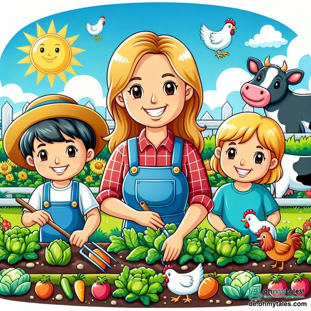 Une illustration destinée aux enfants représentant une femme fermière souriante, accompagnée d'une fille et d'un garçon, travaillant ensemble dans un vaste jardin potager coloré, entouré de poules et de vaches, sous un ciel bleu et ensoleillé.