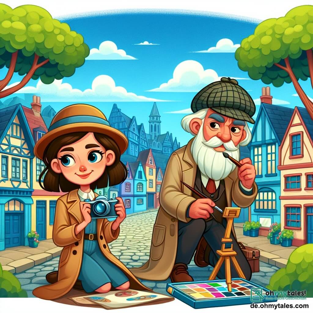 Une illustration destinée aux enfants représentant une jeune détective brillante et courageuse, accompagnée d'un vieux peintre mystérieux, enquêtant sur un vol dans un charmant village aux maisons colorées et aux rues pavées, entouré de grands arbres verdoyants et d'un ciel bleu azur.