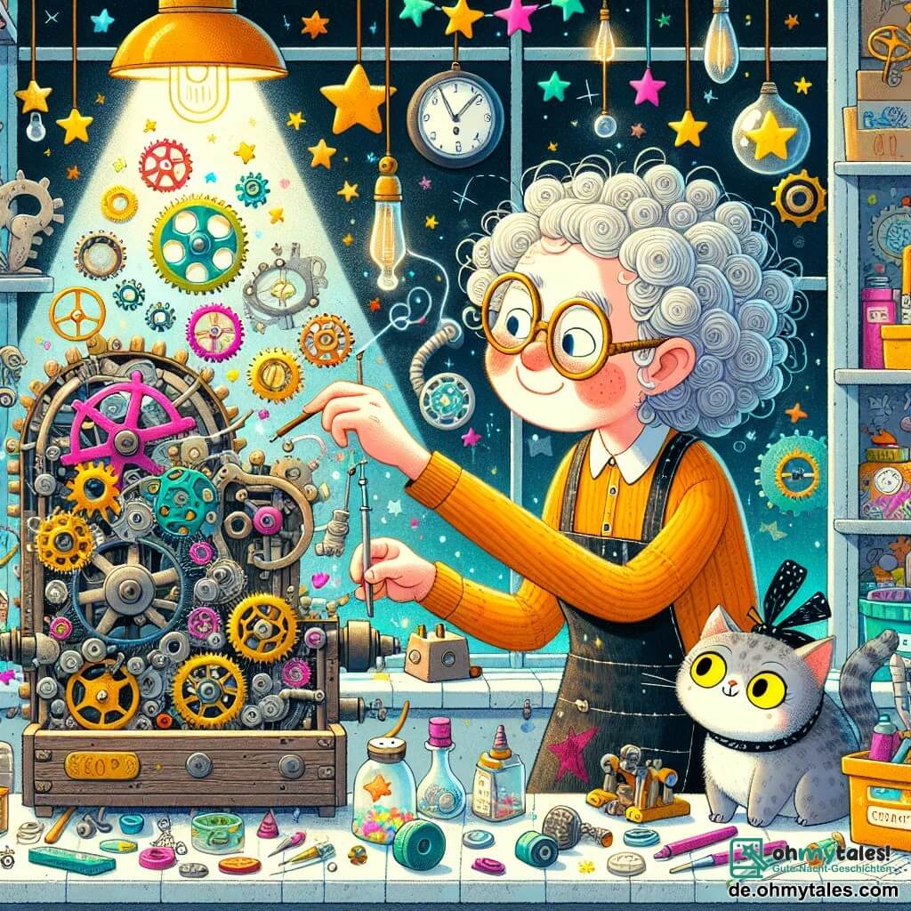 Une illustration sous forme de dessin destinée aux enfants représentant une charmante et colorée atelier de bricolage, rempli de machines étranges et de pièces éparpillées, où une femme aux cheveux bouclés et grisonnants, portant des lunettes rondes et une blouse de travail, est en train de construire un curieux appareil avec des engrenages scintillants, tandis qu'une petite chatte aux yeux jaunes, curieuse et espiègle, observe la scène depuis le comptoir, le tout dans une ambiance joyeuse et imaginative, illustrant le moment où l'inventrice teste son dernier gadget farfelu.