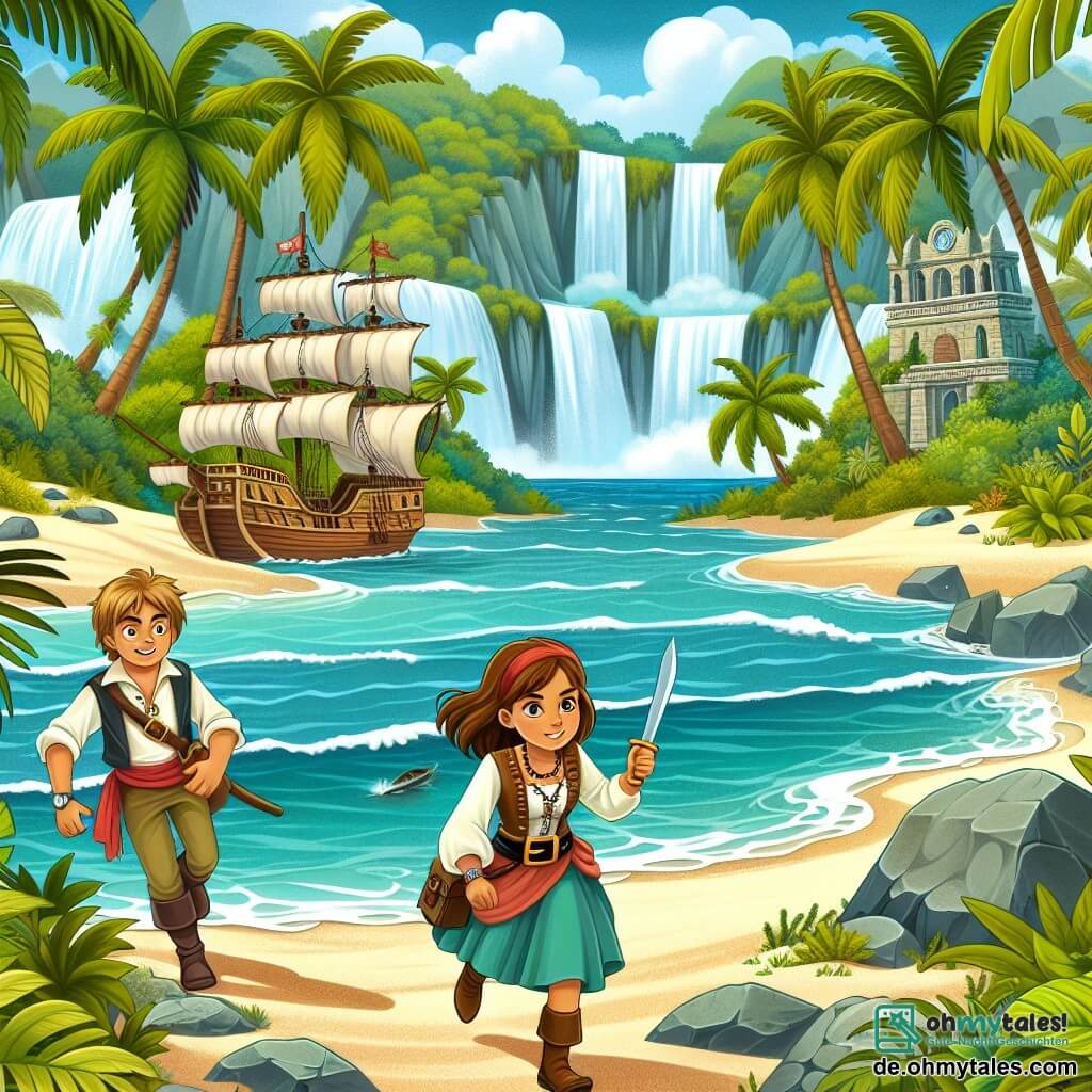 Une illustration destinée aux enfants représentant une jeune femme intrépide, accompagnée d'un jeune matelot courageux, explorant une île tropicale luxuriante avec des plages de sable blanc, des palmiers majestueux et des cascades scintillantes, à la recherche d'un trésor mystérieux caché dans les ruines d'un ancien temple.