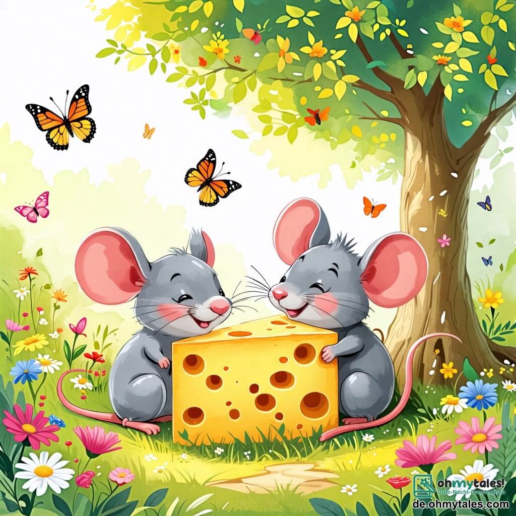 Une illustration sous forme de dessin destinée aux enfants représentant un jardin ensoleillé rempli de fleurs colorées, avec un petit rat aux grandes oreilles et aux yeux pétillants, souriant joyeusement tout en partageant un énorme morceau de fromage avec une petite souris grise aux joues roses, tandis qu'ils sont assis sous un arbre, entourés de papillons et d'une atmosphère joyeuse qui évoque l'amitié et le partage.