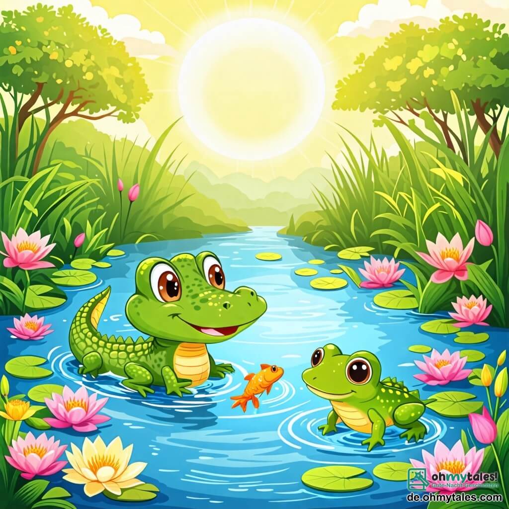 Une illustration sous forme de dessin destinée aux enfants représentant un grand et verdoyant fleuve ensoleillé, avec un petit crocodile aux écailles vertes brillantes, souriant joyeusement tout en nageant près de la surface de l'eau, accompagné d'un frétillant petit poisson aux écailles scintillantes et d'un joyeux grenouille verte aux yeux ronds, tous trois jouant ensemble et partageant un moment de bonheur et d'amitié au milieu de nénuphars colorés et de fleurs épanouies sur les rives.