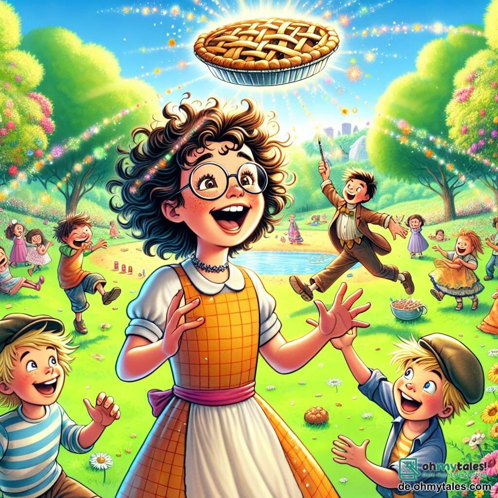 Illustration eines sonnigen Parks, gefüllt mit strahlendem Grün, mit Bäumen voller üppiger Blätter und bunten Blumen, die sanft im Wind tanzen. In der Mitte lacht ein Mädchen mit braunen, lockigen Haaren und leicht schiefen Brillen, während sie magische Funken wirft, die eine riesige Torte in die Luft zaubern. Neben ihr schauen zwei Jungen von etwa 10 Jahren, einer mit zerzausten blonden Haaren und der andere mit braunen Haaren und einer Mütze, mit weit aufgerissenen Augen, fasziniert von dem Spektakel. Im Hintergrund lachen und spielen Kinder, während eine Gruppe komischer Figuren in bunten Kostümen versucht, mit skurrilen Objekten wie tanzenden Hot-Dogs und fliegenden Keksen zu jonglieren. Die Atmosphäre ist fröhlich und verspielt, erfüllt von Lachen und Magie, und zeigt einen Moment puren Glücks und Freundschaft.
