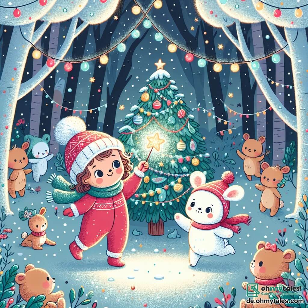 Une illustration sous forme de dessin destinée aux enfants représentant une forêt enchantée recouverte de neige étincelante, avec un petit sapin décoré de guirlandes colorées au centre, où une fille de 1 an aux cheveux bouclés et aux joues roses, vêtue d'une combinaison rouge et d'un bonnet en laine, danse joyeusement en tenant un étoile brillante dans ses petites mains, tandis qu'un petit lapin blanc aux grandes oreilles et aux yeux pétillants l'observe avec un sourire, entourés d'autres animaux de la forêt qui se rassemblent pour célébrer une joyeuse fête de Noël.