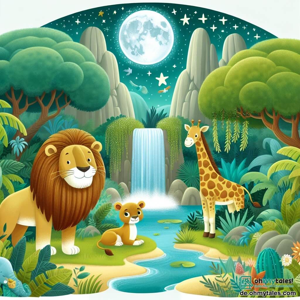 Une illustration destinée aux enfants représentant un lion majestueux, une girafe curieuse, et une cascade scintillante au cœur de la jungle luxuriante de Löwenland.