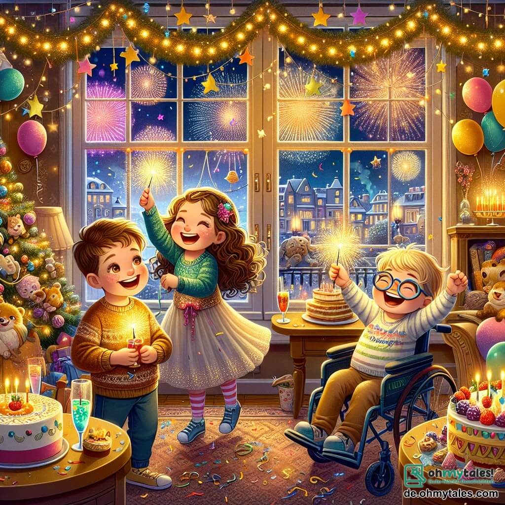 Illustration einer festlichen Szene in einem warmen Wohnzimmer, das für das Neujahr dekoriert ist. Die Wände sind mit glitzernden Girlanden und bunten Ballons geschmückt, während ein großer Tisch mit Kuchen und sprudelnden Getränken gedeckt ist. Im Mittelpunkt des Bildes lächelt ein etwa 10-jähriges Mädchen mit langen, lockigen braunen Haaren fröhlich, während es ein buntes Licht in den Händen hält. Neben ihr hebt ein 9-jähriger Junge mit blonden Haaren und funkelnden Augen aufgeregt die Arme in die Luft. Ein weiterer Junge, 11 Jahre alt, trägt eine Brille und hat ein breites Lächeln, sitzt im Rollstuhl und lacht begeistert. Die Szene fängt den Moment ein, in dem die Kinder funkelnde Lichter anzünden, bereit, einen Wunsch für das neue Jahr zu äußern. Im Hintergrund erhellen Feuerwerke den Nachthimmel durch das Fenster und verleihen der festlichen Atmosphäre einen magischen Touch. Goldene Sterne und Konfetti schweben in der Luft und verstärken den Geist der Feier und Kameradschaft.