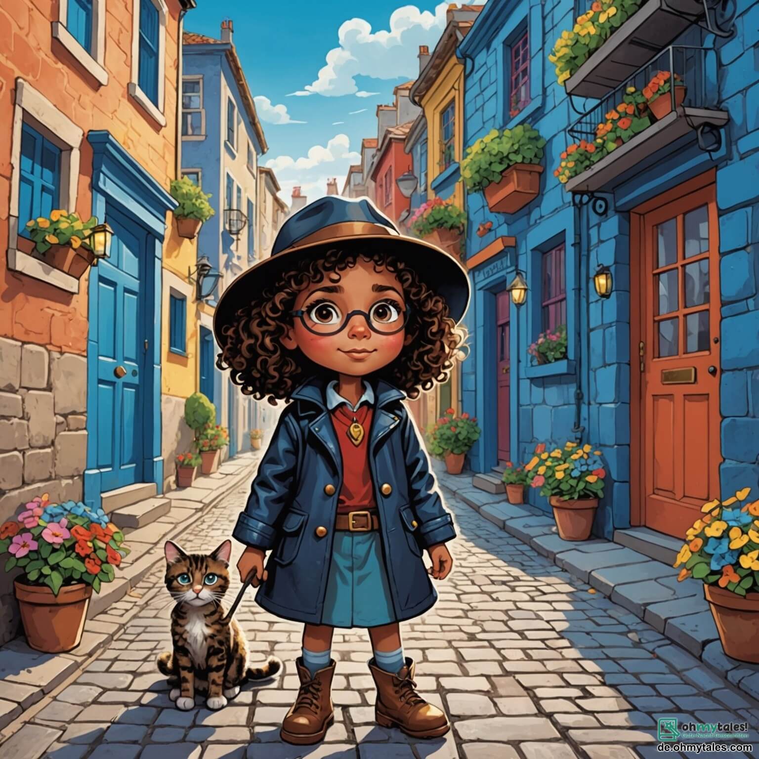 Une illustration destinée aux enfants représentant une petite fille aux cheveux bouclés et aux yeux pétillants, vêtue d'une veste de détective en cuir et d'un chapeau de feutre, se tenant au milieu d'une ruelle pavée bordée de maisons colorées aux volets bleus et aux fleurs éclatantes, où elle se trouve en train de mener une enquête palpitante pour retrouver son chat disparu, entourée de son fidèle ami, un garçon aux lunettes rondes et à la casquette à l'envers, ainsi que d'une voisine âgée au sourire chaleureux et aux cheveux argentés, tous trois scrutant les indices laissés sur le sol, tandis que le doux parfum des gâteaux fraîchement cuits s'échappe d'une boulangerie voisine, ajoutant une touche de mystère et de magie à leur aventure.