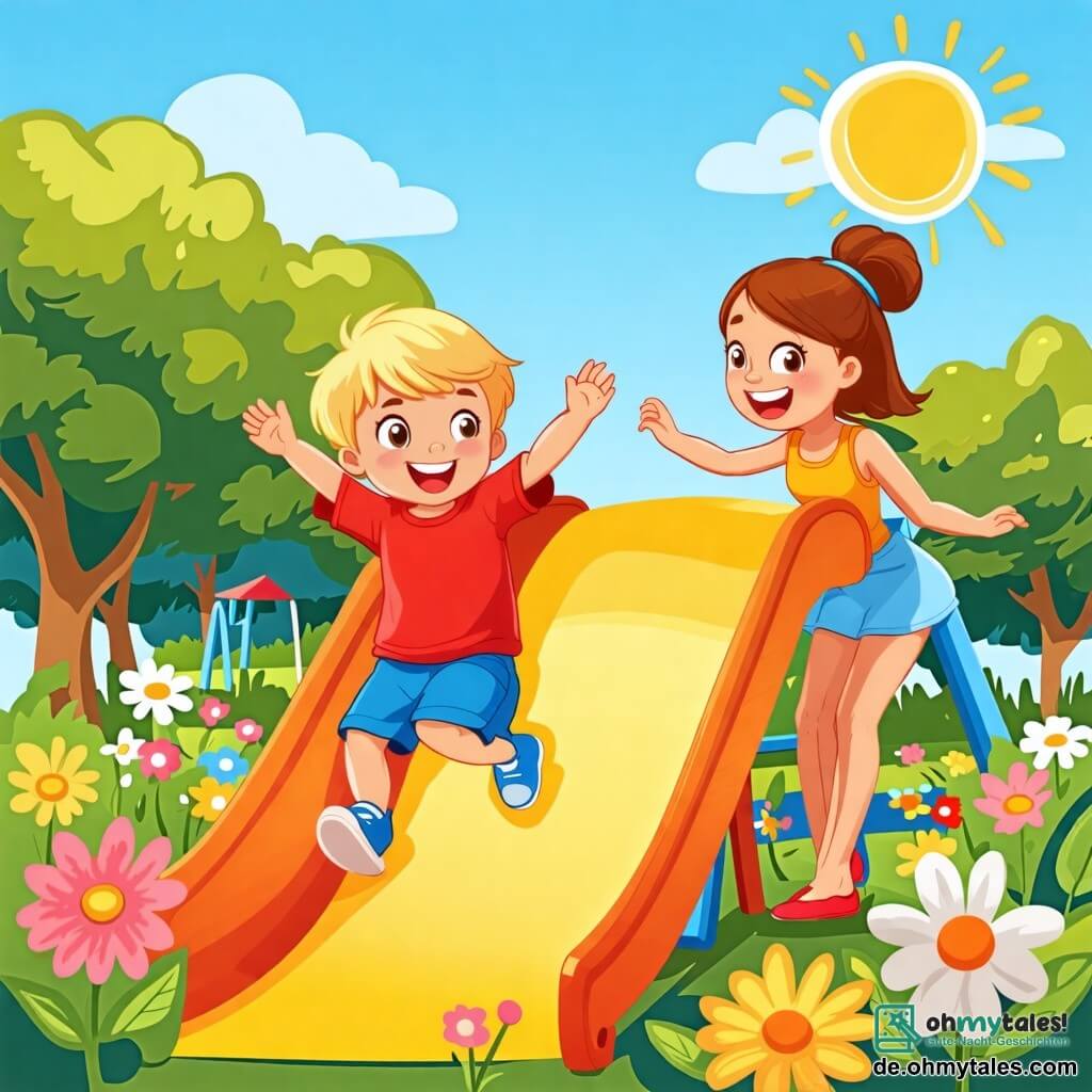 Une illustration sous forme de dessin destinée aux enfants représentant un parc ensoleillé avec des fleurs colorées et un ciel bleu, où un petit garçon de 2 ans aux cheveux blonds et aux yeux pétillants, vêtu d'un t-shirt rouge et de shorts bleus, s'amuse à glisser joyeusement sur une grande toboggan, tandis qu'une maman souriante, aux cheveux bruns et attachés en chignon, l'encourage avec enthousiasme, créant une atmosphère de bonheur et de complicité estivale.