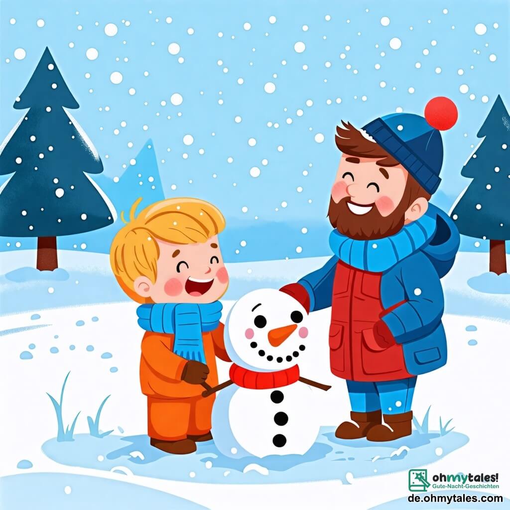 Une illustration sous forme de dessin destinée aux enfants représentant un paysage hivernal féérique avec un sol recouvert de neige scintillante, un petit garçon de 2 ans aux cheveux blonds, vêtu d'une combinaison orange et d'une mignonne écharpe bleue, riant joyeusement tout en construisant un bonhomme de neige avec son père, un homme souriant aux cheveux bruns et à la barbe légère, portant un manteau bleu et un bonnet, tandis que la mère, une femme aux cheveux châtains, habillée d'un manteau rouge, les regarde avec un sourire tendre, le tout sous un ciel bleu clair parsemé de flocons de neige tombants.