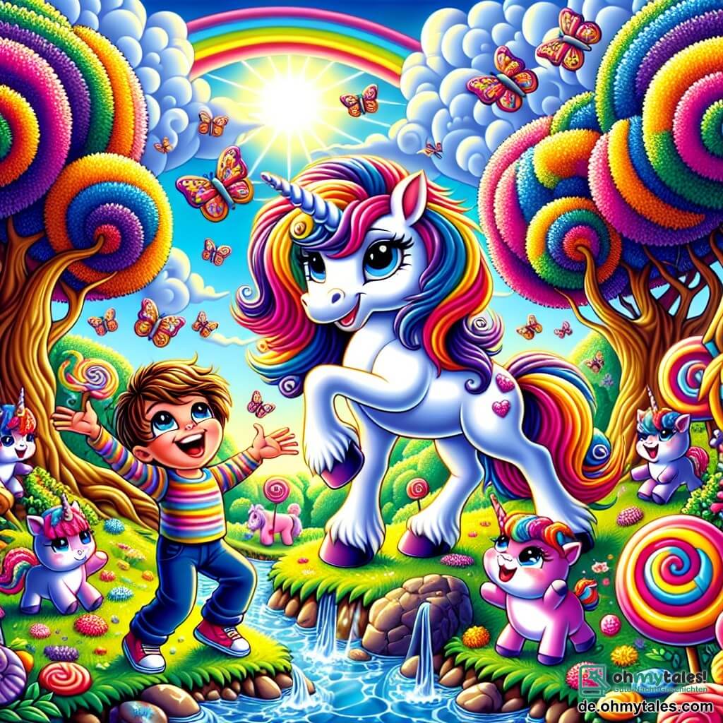 Illustration destinée aux enfants représentant un paysage enchanteur dans un forêt magique, où des arbres aux troncs spirales et aux feuilles multicolores se dressent sous un ciel d'un bleu éclatant, parsemé de nuages en forme de bonbons. Au centre, une magnifique licorne femelle avec une crinière ondulante aux teintes de rose, violet et bleu, se tient joyeusement sur un rocher, son cor scintillant de mille feux. À ses côtés, un petit garçon aux cheveux bruns et aux yeux pétillants, vêtu d'une chemise à rayures colorées, rit en jouant avec un groupe de Fluffelchen, de petites créatures pelucheuses aux couleurs vives, qui sautillent autour d'eux en riant. La scène capture l'instant où ils s'amusent ensemble, éclaboussant de l'eau du ruisseau voisin, tandis que des fleurs éclatantes et des papillons dansent autour d'eux, créant une atmosphère de joie et d'amitié.