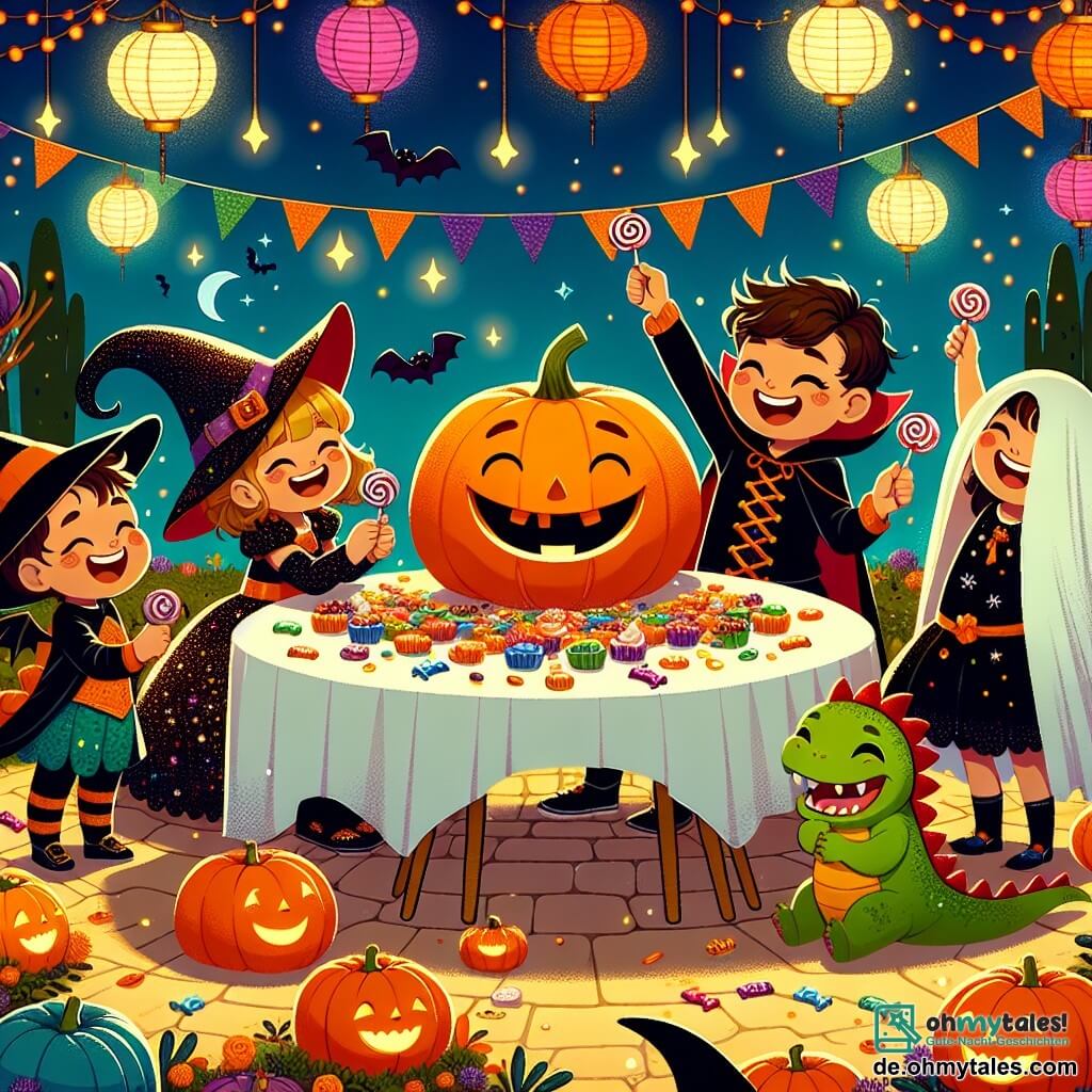 Eine Illustration zeigt einen großen Park, der von bunten Laternen und Halloween-Dekorationen erleuchtet wird. In der Mitte thront ein riesiger lächelnder Kürbis auf einem Tisch, umgeben von glitzernden Süßigkeiten. Vier Kinder stehen um den Kürbis: ein vierjähriger Junge in einem glänzenden Drachenkostüm, der staunend lächelt; ein vierjähriges Mädchen, das als kleine Hexe mit einem spitzen Hut und einem schwarzen Kleid verkleidet ist und einen Zauberstab hält; ein vierjähriger Junge, der als Vampir mit einem roten Umhang und spitzen Zähnen verkleidet ist und fröhlich lacht; und ein vierjähriges Mädchen in einem Gespensterkostüm mit einem weißen Tuch, das die Arme in die Luft hebt. Sie teilen Süßigkeiten und lachen zusammen, umgeben von Halloween-Dekorationen wie Spinnweben und fliegenden Fledermäusen. Die Atmosphäre ist festlich und magisch, voller Freude und Freundschaft.