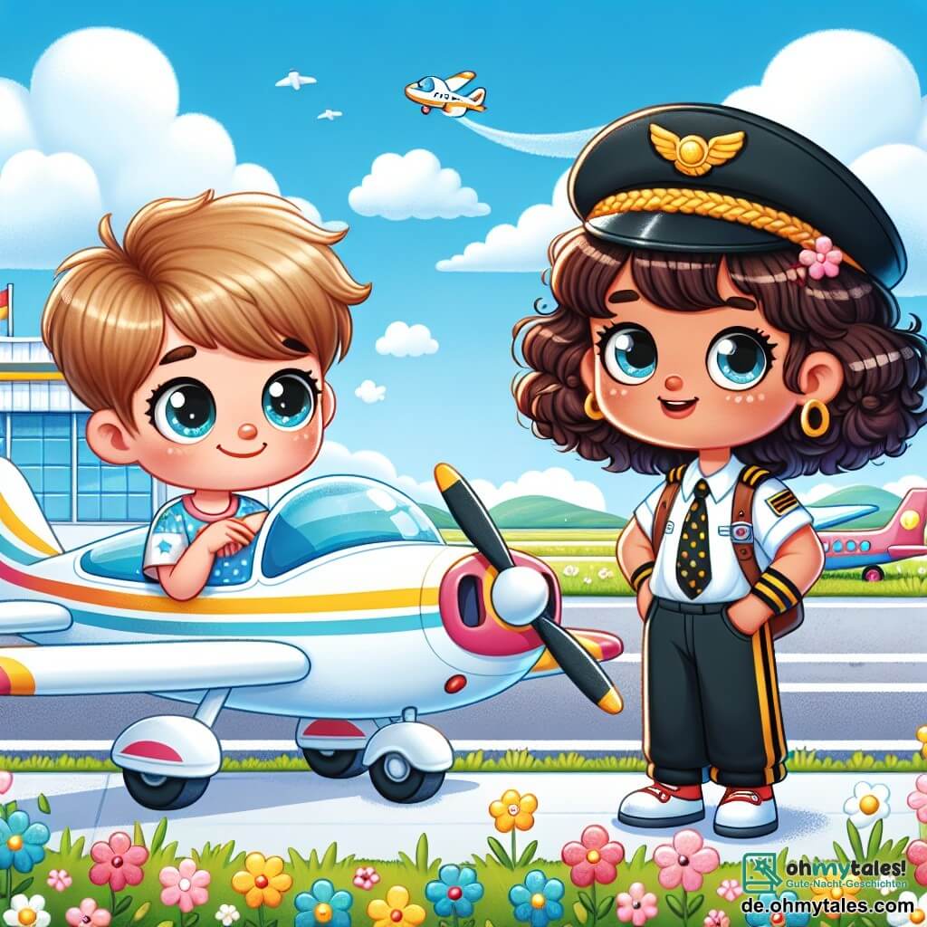 Une illustration sous forme de dessin destinée aux enfants représentant un petit aéroport ensoleillé avec des avions colorés stationnés sur le tarmac, où une jeune femme pilote aux cheveux bruns bouclés et au sourire éclatant se tient à côté de son petit avion, vêtue d'une uniforme de pilote, tandis qu'un garçon aux cheveux blonds et aux yeux pétillants, son meilleur ami, observe avec émerveillement, tous deux prêts pour un vol d'aventure dans les nuages, entourés de fleurs colorées et d'un ciel bleu parsemé de nuages cotonneux.