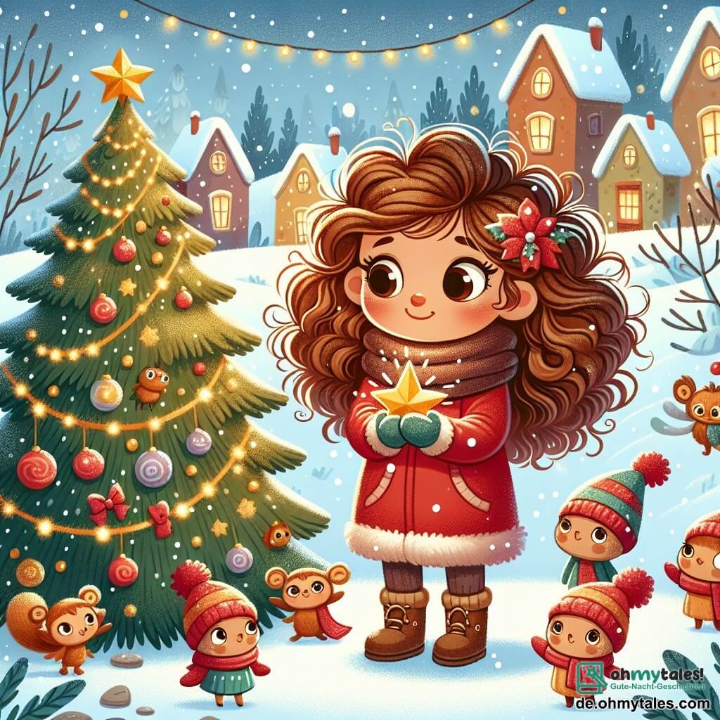 Une illustration sous forme de dessin destinée aux enfants représentant un village enneigé décoré pour Noël, avec une fille de 7 ans aux cheveux bruns et bouclés, portant un manteau rouge et une écharpe, qui tient un brillant étoile dorée dans ses mains, entourée de petites créatures joyeuses aux chapeaux de Noël, tandis qu'elles se tiennent devant un grand sapin illuminé, symbolisant l'esprit de Noël et l'aventure magique de la recherche de l'étoile perdue.