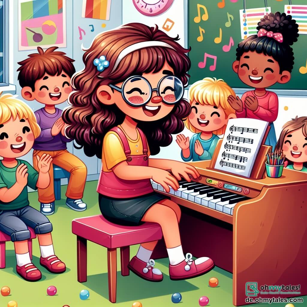 Une illustration sous forme de dessin destinée aux enfants représentant une scène vibrante dans une salle de classe colorée, où une fille de 11 ans aux cheveux bouclés et bruns, portant des lunettes, joue de la musique sur un petit piano avec un sourire rayonnant, entourée de ses camarades de classe, dont un garçon aux cheveux blonds et une fille aux cheveux noirs, tous deux applaudissant et souriant, tandis qu'une enseignante bienveillante, avec des lunettes et un chignon, les observe avec fierté, illustrant l'esprit de partage et de célébration de la diversité et des talents uniques.