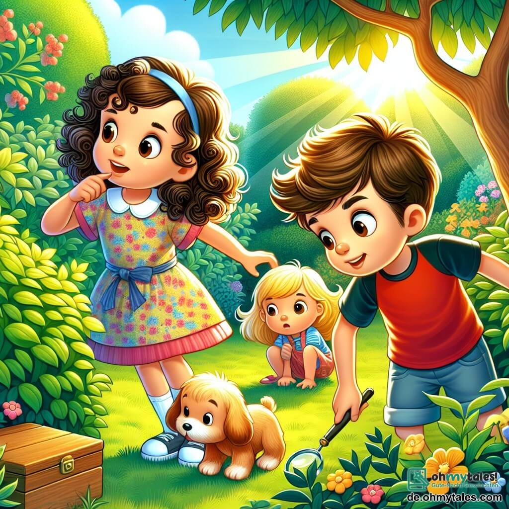 Une illustration sous forme de dessin destinée aux enfants représentant un jardin ensoleillé, avec une petite fille de 7 ans aux cheveux bruns et bouclés, portant une robe colorée, qui cherche son teddy bear perdu, entourée de ses deux amis : un garçon aux cheveux courts et blonds, vêtu d'un t-shirt rouge, qui observe attentivement un buisson, et une fille aux cheveux longs et lisses, portant une jupe à fleurs, qui examine une petite boîte en bois, tandis qu'un petit chien curieux les regarde avec des yeux brillants, capturant l'esprit d'une aventure de petits enquêteurs.