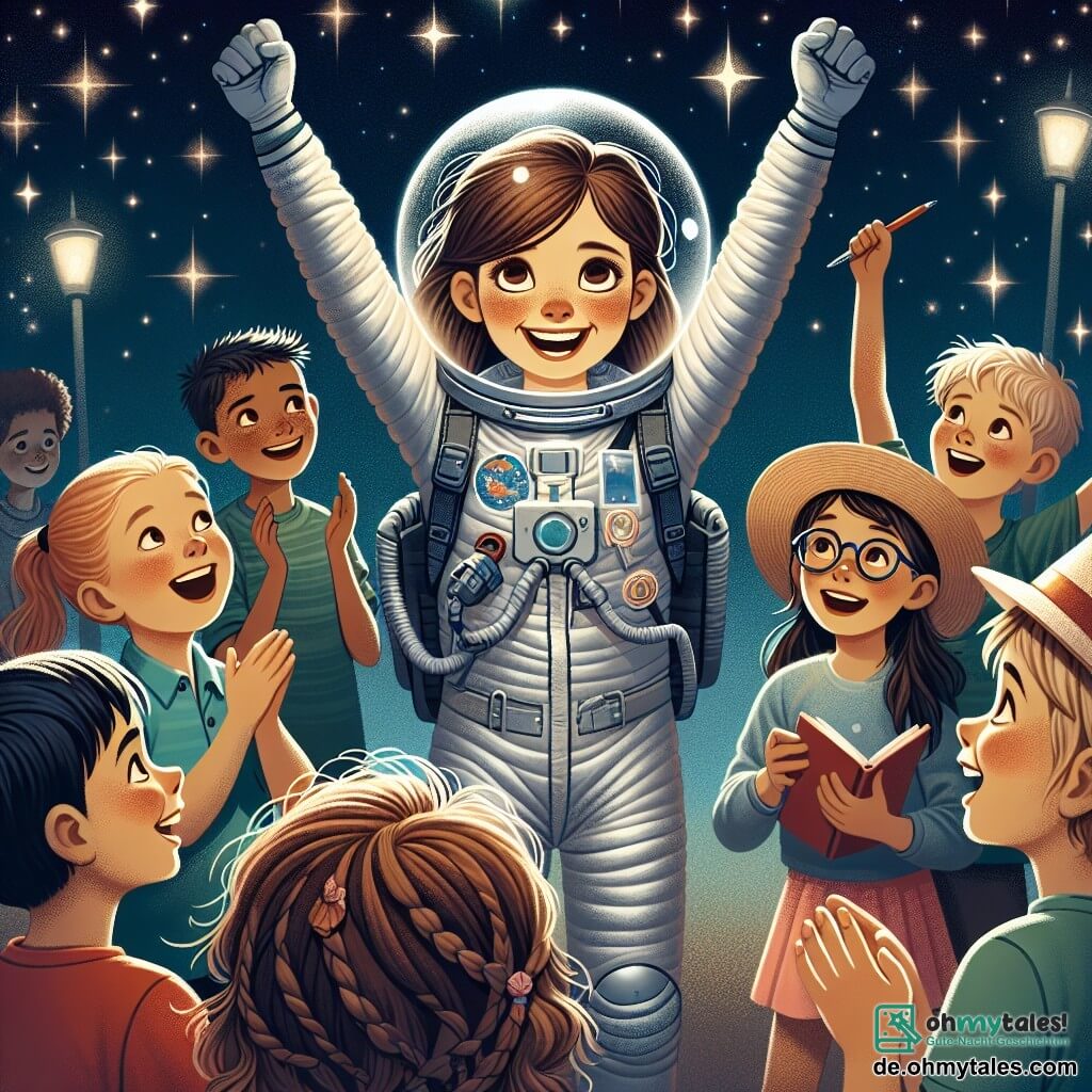 Illustration, die einen großen offenen Raum auf einem belebten Platz darstellt, wo Sterne in einem tiefen, klaren Nachthimmel leuchten. In der Mitte steht eine Astronautin in einem silbernen Raumanzug mit einem transparenten Helm, die fröhlich lächelt und die Arme im Zeichen des Sieges hebt. Ihre braunen Haare sind zu einem Pferdeschwanz gebunden, und ihr Gesicht strahlt vor Stolz und Aufregung. Um sie herum zeigt eine Gruppe von fünf Kindern im Alter von etwa 8 bis 10 Jahren ihr Staunen: ein Junge mit lockigem Haar und Brille, der ein kleines Notizbuch und einen Stift hält, ein Mädchen mit geflochtenen blonden Haaren, das die Hand hebt, als wollte es eine Frage stellen, ein Junge mit einem roten T-Shirt, der breit lächelt, und zwei andere Mädchen, eines mit Brille und das andere mit einem Strohhut, die aufmerksam zuhören. Die Szene fängt den Moment ein, in dem die Astronautin von ihren Abenteuern im Weltraum erzählt, umgeben von diesen jungen Bewunderern, die von ihren Geschichten gefesselt sind. Im Hintergrund schweben bunte Ballons in der Luft, und funkelnde Lichter schmücken die Bäume und verleihen diesem magischen Moment eine festliche Atmosphäre.