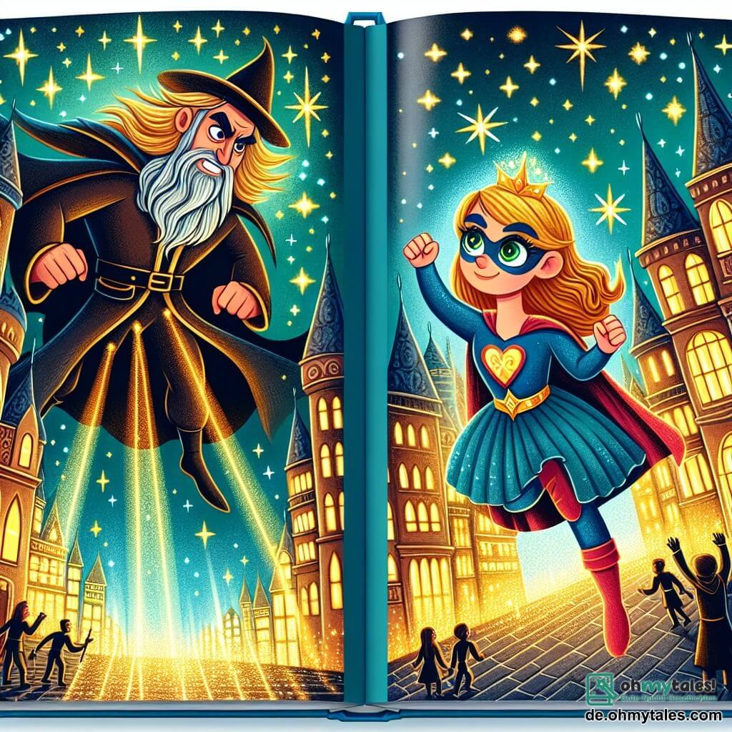 Une illustration destinée aux enfants représentant une super-héroïne aux yeux pétillants et aux cheveux dorés affrontant un vilain magicien dans une ville féerique pleine de tours scintillantes et de rues pavées de lumière.