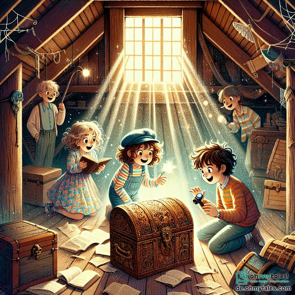 Illustration einer magischen Szene auf einem alten Holzdach, gefüllt mit Staub und vergessenen Schätzen. Lichtstrahlen filtern durch ein kleines Fenster und beleuchten eine alte Holzkiste mit filigranen Mustern. Im Mittelpunkt des Bildes hockt ein 9-jähriges Mädchen mit lockigem, kastanienbraunem Haar und neugierigen Augen vor einer großen Kiste. Sie trägt ein bunt gestreiftes Hemd und eine Jeansshorts und hält ein aufgeschlagenes altes Buch in den Händen, ihr Gesicht strahlt vor Entdeckungslust. Neben ihr beobachten zwei Freunde sie staunend: ein 10-jähriger Junge mit zerzausten blonden Haaren und einer blauen Mütze, der eine Taschenlampe hält, und ein 9-jähriges Mädchen mit langen, glatten Haaren in einem Blumenkleid, das die Kiste mit einem breiten Lächeln betrachtet. Die Hauptsituation zeigt die drei Freunde, die alte Schätze auf dem Dach entdecken, umgeben von alten Kisten, staubigen Büchern und geheimnisvollen Karten. Spinnweben und Schatten tanzen um sie herum und verleihen diesem Abenteuer eine mysteriöse Note. Lichtblitze funkeln auf den Objekten und schaffen eine Atmosphäre von Erkundung und Magie.