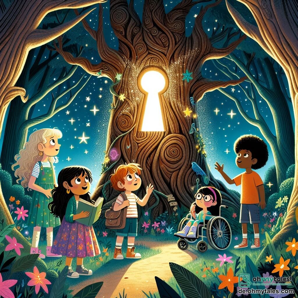 Illustration einer magischen Szene in einem verwunschenen Wald, wo große, dicke und knorrige Bäume in einen sternenklaren Himmel ragen. Die Blätter funkeln wie Sterne, und bunte Blumen wachsen um eine große, alte Baumrinde, aus der ein geheimnisvolles Licht durch ein schlüssellochförmiges Loch strömt. Im Zentrum des Bildes stehen vier Kinder zusammen: ein etwa 10-jähriges Mädchen mit lockigem, blondem Haar, das lächelt und voller Energie ist, in einem bunten Kleid; ein etwa 9-jähriges Mädchen mit braunem, zu einem Pferdeschwanz gebundenem Haar, das neugierig schaut, in einem T-Shirt und Shorts; ein etwa 11-jähriges Mädchen mit kastanienbraunem Haar und Brille, das nachdenklich ein Märchenbuch hält; und schließlich ein etwa 10-jähriges Mädchen im Rollstuhl, mit schwarzen Haaren und funkelnden Augen, das fröhlich lächelt. Die Hauptsituation zeigt die Kinder, die einen großen, alten Baum entdecken, fasziniert von dem geheimnisvollen Licht, das aus seinem Stamm strahlt, was ihre Abenteuerlust symbolisiert. Um sie herum fliegen magische Kreaturen wie kleine leuchtende Feen durch die Luft und verleihen der Szene eine märchenhafte Note. Lichtstrahlen filtern durch die Blätter und schaffen eine Atmosphäre von Geheimnis und Staunen.