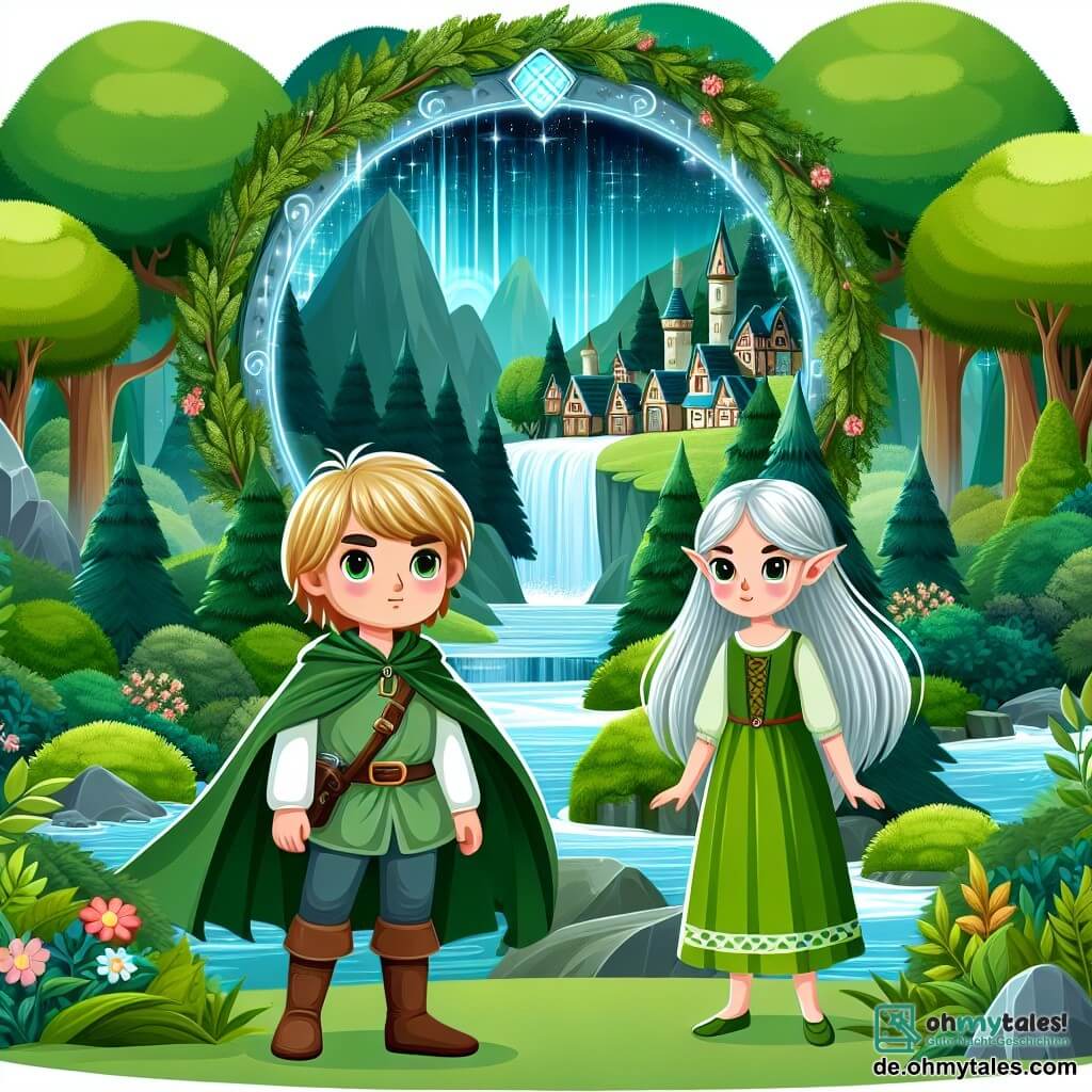 Une illustration destinée aux enfants représentant un jeune homme courageux se tenant devant un mystérieux portail magique, accompagné de sa meilleure amie, une fille elfe aux longs cheveux argentés, dans un village enchanté entouré de denses forêts verdoyantes et de cascades scintillantes.