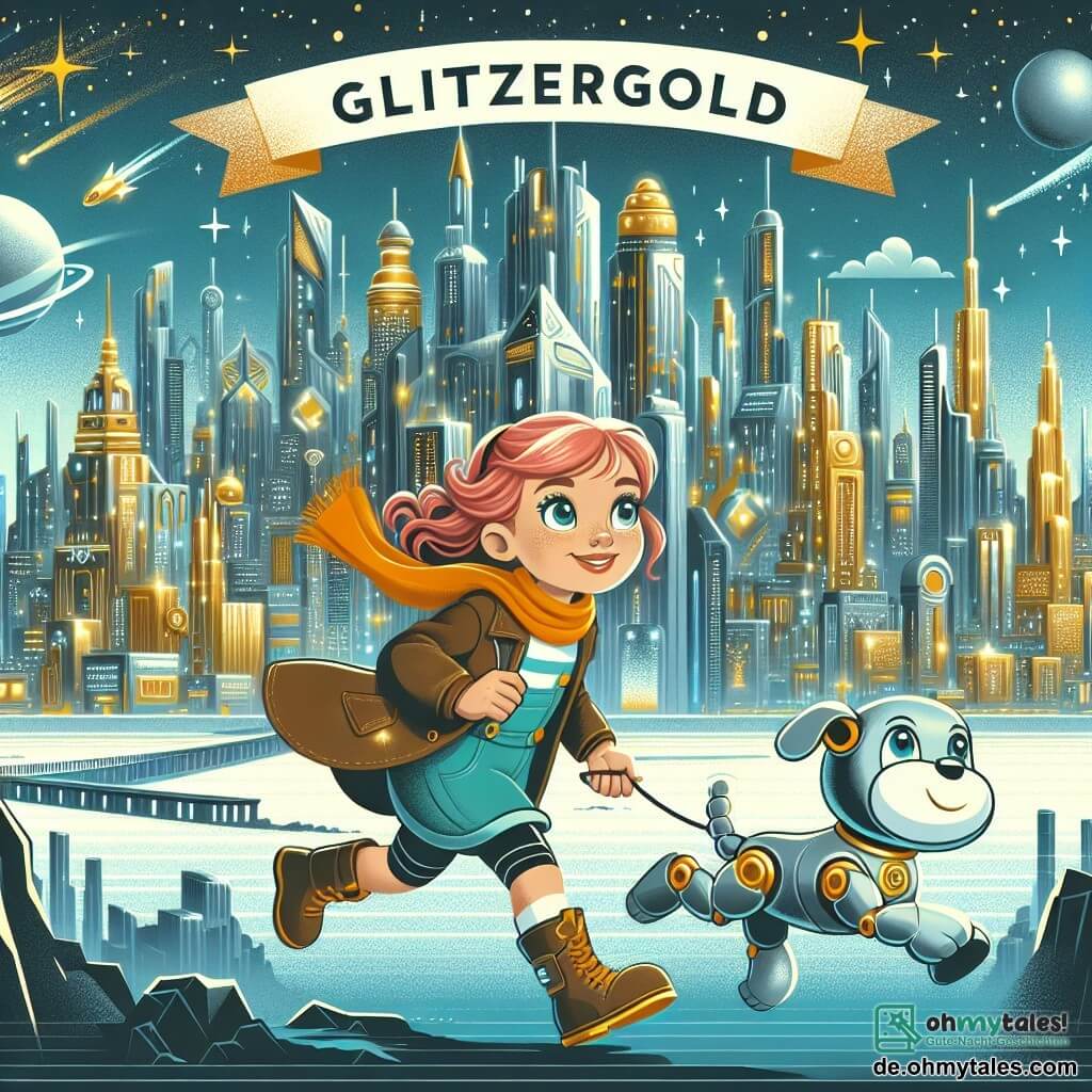 Une illustration destinée aux enfants représentant une fillette courageuse explorant une cité futuriste scintillante aux gratte-ciel lumineux, accompagnée de son fidèle robot-chien, dans la ville de Glitzergold.