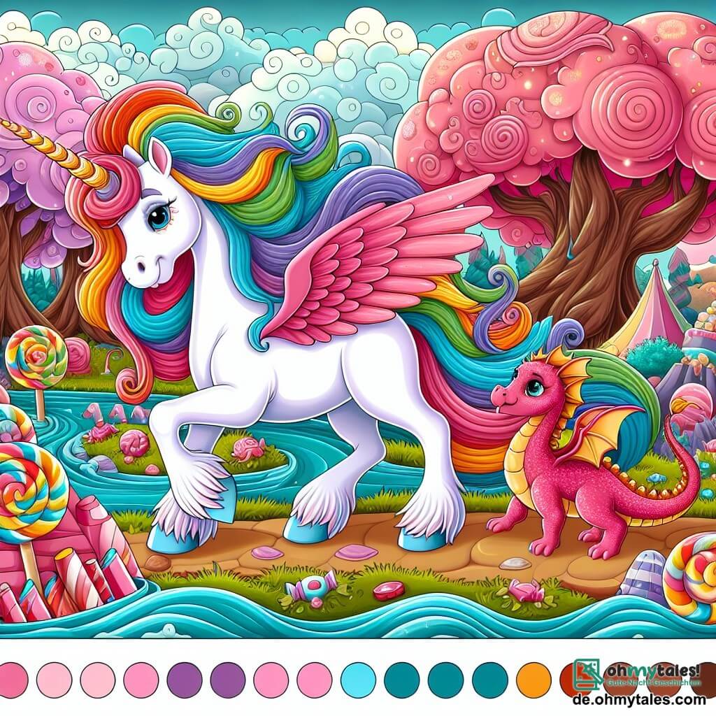 Une illustration destinée aux enfants représentant une licorne aux crins multicolores, une situation de recherche d'un trésor magique, accompagnée d'un petit dragon rose, dans le royaume enchanté de Candyland, où les arbres sont en bonbons et les rivières en chocolat.