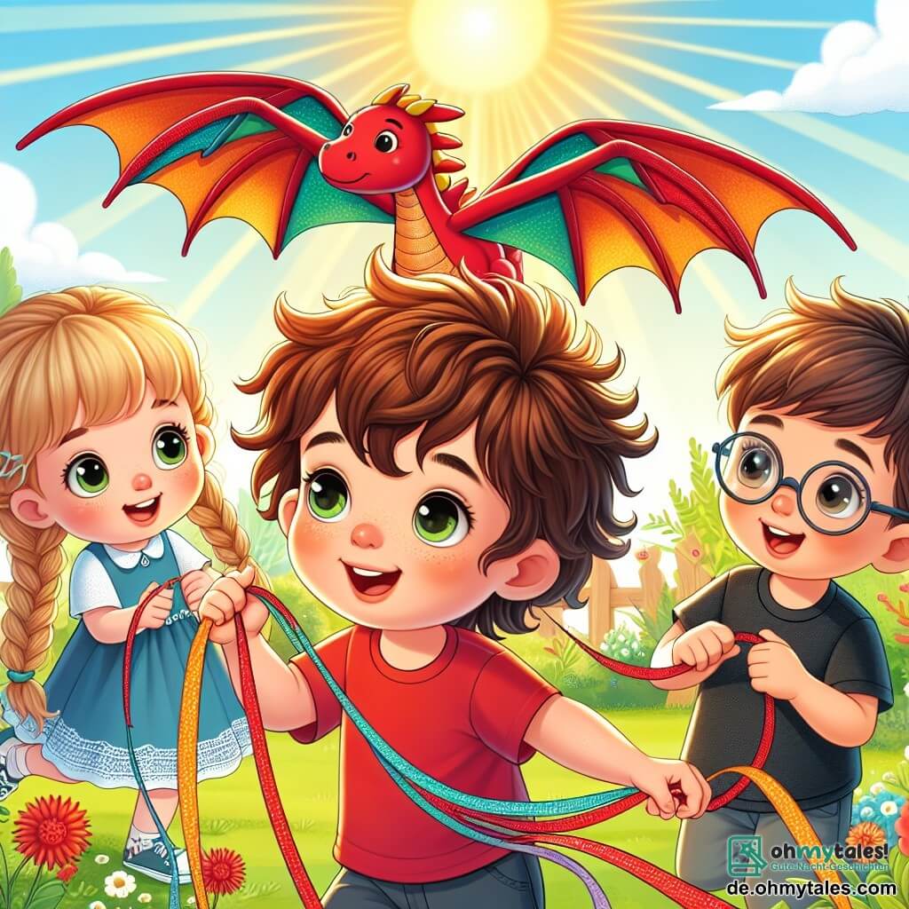 Une illustration sous forme de dessin destinée aux enfants représentant un jardin ensoleillé et coloré, où un garçon de 5 ans aux cheveux bruns en bataille et portant un t-shirt rouge, se tient avec un air déterminé, tenant un dragon en tissu rouge aux ailes colorées, tandis que deux amis, une fille aux cheveux blonds tressés en robe bleue et un garçon aux lunettes et cheveux châtains, l'encouragent avec des sourires, alors qu'ils cherchent ensemble le dragon qui s'est envolé dans le ciel.