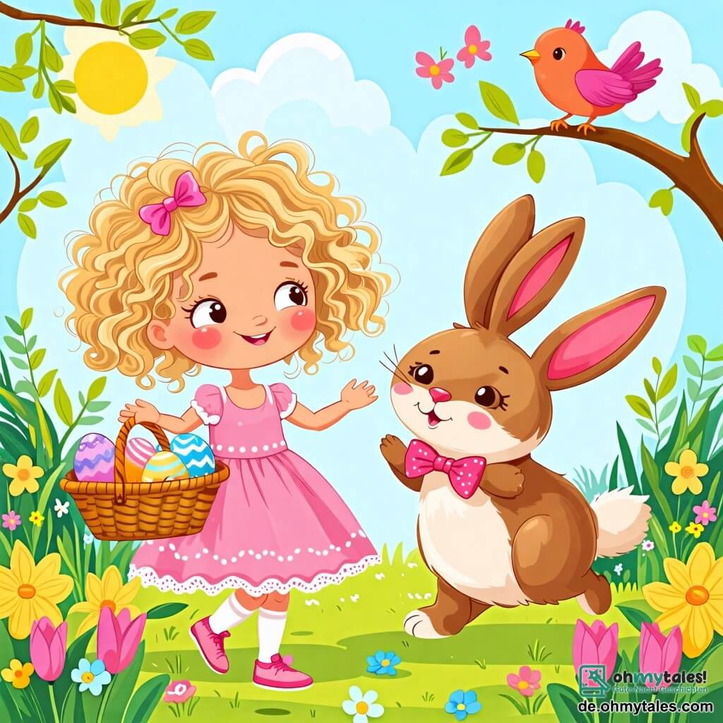 Une illustration sous forme de dessin destinée aux enfants représentant un jardin coloré et ensoleillé, où une petite fille de 2 ans aux cheveux bouclés et blonds, vêtue d'une robe rose, danse joyeusement en tenant un panier rempli d'œufs de Pâques, tandis qu'un grand et joyeux lapin aux grandes oreilles et au pelage brun, portant un nœud papillon, l'accompagne en sautant, et un oiseau coloré aux plumes vives chante sur une branche, le tout illustrant une scène de fête et de camaraderie pour célébrer Pâques.