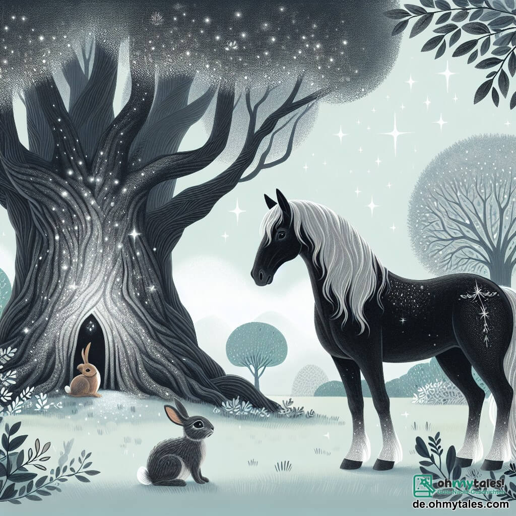 Une illustration destinée aux enfants représentant un noble cheval noir, une fille, se tenant sur une lumineuse clairière entourée d'arbres majestueux aux feuilles argentées, avec un petit lapin gris, un garçon, à ses côtés, observant un arbre ancien aux feuilles scintillantes, dans une atmosphère magique et mystérieuse.
