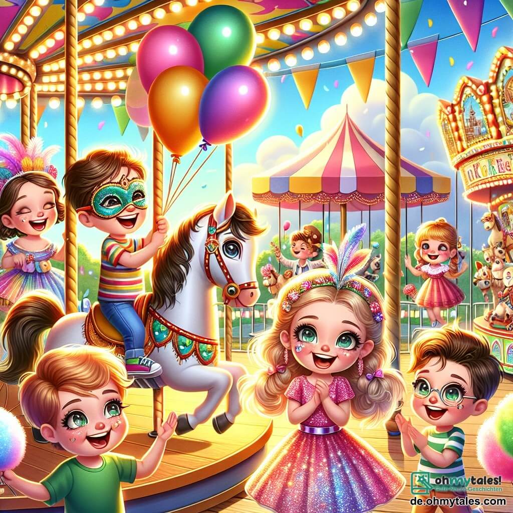 Illustration eines bunten Karnevals in einem sonnigen Park, gefüllt mit bunten Ballons, die in der Luft schweben, und funkelnden Lichtergirlanden. Im Mittelpunkt der Szene haben eine Gruppe von Kindern Spaß: ein sechsjähriger Junge mit braunen Haaren und funkelnden Augen, der eine bunte Maske und ein gestreiftes Hemd trägt, tanzt fröhlich auf einem Holzpferd des Karussells. Neben ihm lacht ein sechsjähriges Mädchen mit geflochtenen blonden Haaren, das ein mit Glitzer verziertes rosa Kleid trägt und eine große Zuckerwatte hält. Ein anderer sechsjähriger Junge mit Brille und grünem T-Shirt applaudiert begeistert, während ein sechsjähriges Mädchen mit lockigem Haar und einem gemusterten Kleid sie mit einem großen Lächeln ansieht und eine mit Blumen verzierte Maske trägt. Im Hintergrund tragen Spielstände und Süßigkeiten zur festlichen Atmosphäre bei, während ein klarblauer Himmel und schwebende weiße Wolken diese fröhliche Szene von Kameradschaft und Karnevalsmagie ergänzen.