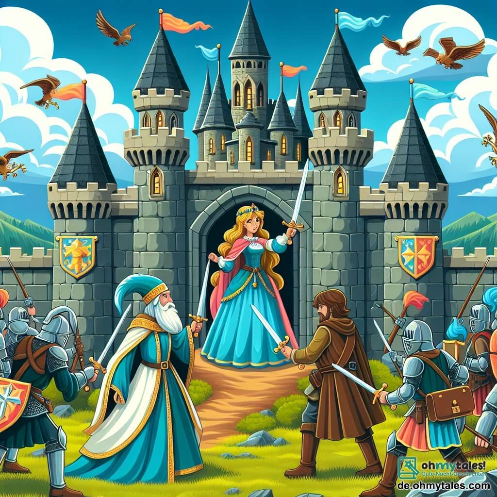 Une illustration destinée aux enfants représentant une chevaleresse courageuse affrontant une armée maléfique avec l'aide d'un sage magicien, dans un majestueux château médiéval entouré de hautes murailles de pierre et de tourelles ornées de bannières colorées, sous un ciel bleu parsemé de nuages blancs.