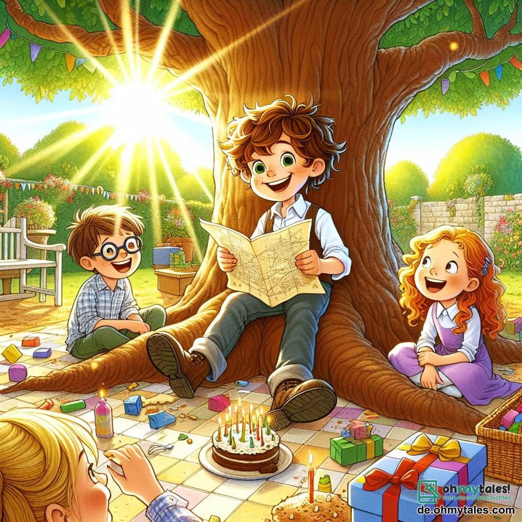 Une illustration sous forme de dessin destinée aux enfants représentant un arbre majestueux au cœur d'un jardin ensoleillé, où un garçon de 11 ans aux cheveux blonds ébouriffés et aux yeux pétillants, souriant largement, est assis dans un petit arbre, tenant une carte au trésor, tandis qu'une fille aux cheveux roux bouclés et un garçon timide aux lunettes, tous deux de son âge, l'observent avec enthousiasme, entourés de jouets colorés et de gâteaux, dans une ambiance joyeuse de camaraderie et d'aventure.