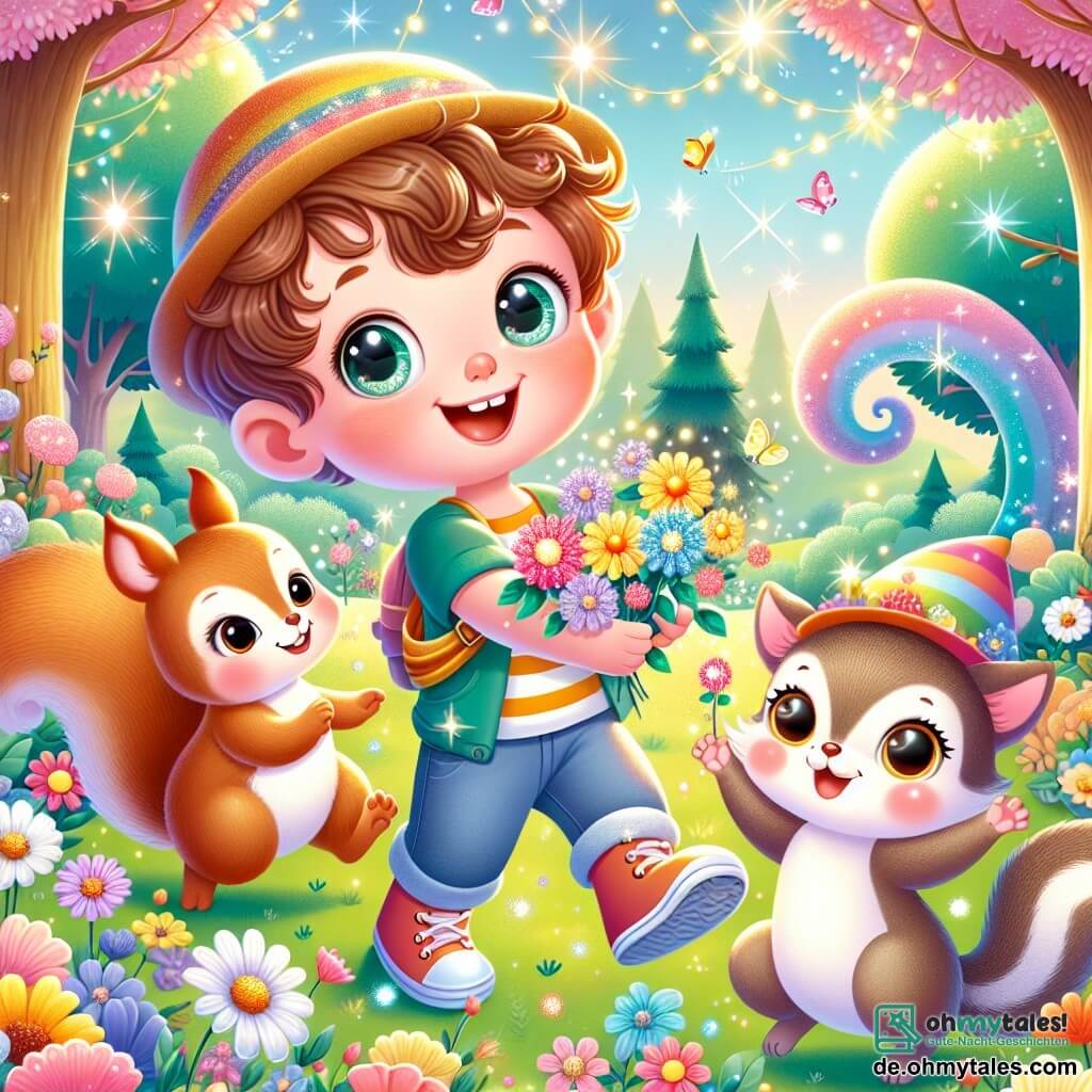Une illustration sous forme de dessin destinée aux enfants représentant un jardin magique rempli de fleurs colorées et de grands arbres, avec un petit garçon de 3 ans aux cheveux bouclés et aux yeux pétillants, qui sourit en tenant des fleurs scintillantes dans ses mains, accompagné d'un petit écureuil au chapeau coloré qui danse joyeusement à ses côtés, tandis qu'une chatte aux yeux brillants et au pelage doux les observe avec curiosité, le tout dans une ambiance enjouée et lumineuse, capturant l'instant où ils découvrent ensemble la beauté du monde enchanté qui les entoure.