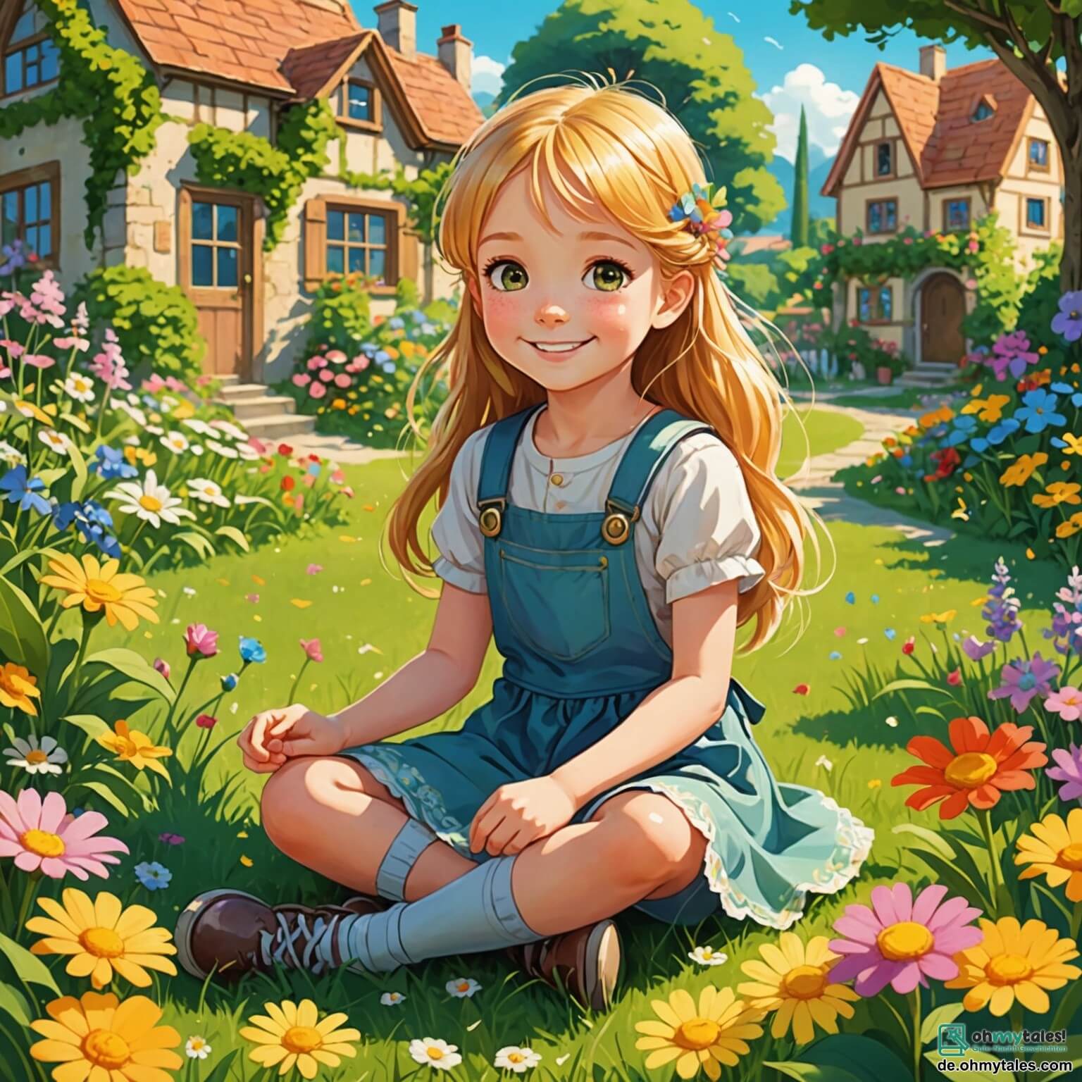 Une illustration destinée aux enfants représentant une petite fille souriante aux cheveux dorés, assise sur une jolie pelouse parsemée de fleurs colorées, entourée d'un jardin plein de plantes fleuries et de jeux colorés, qui rêve d'aventures tout en jouant avec un garçon au regard pétillant et au sourire chaleureux, dans un petit village ensoleillé où chaque jour est une nouvelle occasion de découvrir l'amitié malgré les défis.