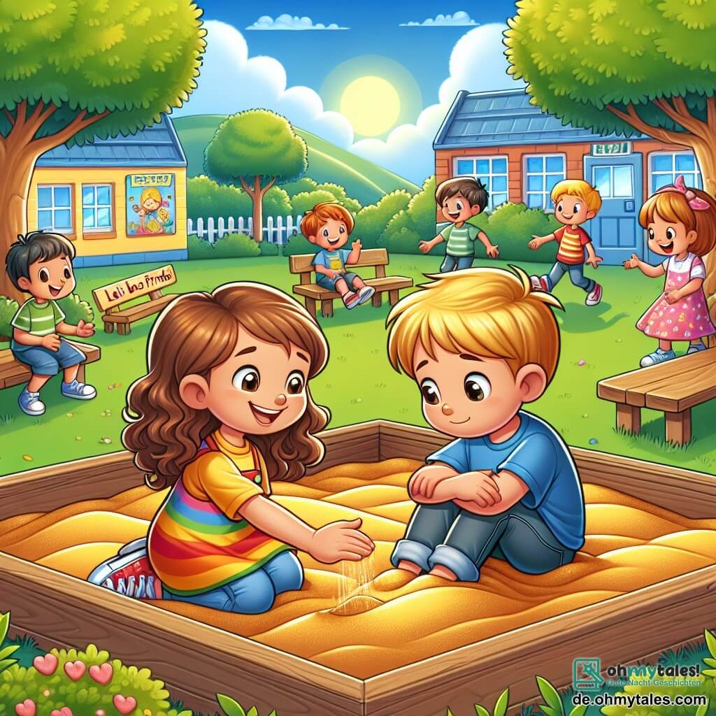 Illustration eines friedlichen Pausenhofs mit grünen Bäumen und einem blauen Himmel, der mit weißen Wolken durchzogen ist. In der Mitte befindet sich eine große goldene Sandkiste, in der fröhlich spielende Kinder sind. Links sitzt ein siebenjähriges Mädchen mit langen, lockigen braunen Haaren und einem bunten Kleid lächelnd, während sie ihre Hand zu einem gleichaltrigen Jungen mit blonden Haaren und traurigen Augen ausstreckt, der allein auf einer Holzbank sitzt und ein blaues T-Shirt trägt. Rechts beobachtet ein weiteres Mädchen mit kastanienbraunen Haaren und freundlicher Ausstrahlung die Szene mit einem ermutigenden Lächeln. Die Hauptsituation zeigt das lächelnde Mädchen, das den traurigen Jungen einlädt, mitzumachen, was Freundschaft und Unterstützung gegen Mobbing symbolisiert. Im Hintergrund spielen andere Kinder zusammen und schaffen eine Atmosphäre von Kameradschaft und Freude, während ein buntes Schild mit Worten wie "Lasst uns Freunde sein!" an der Wand hängt.